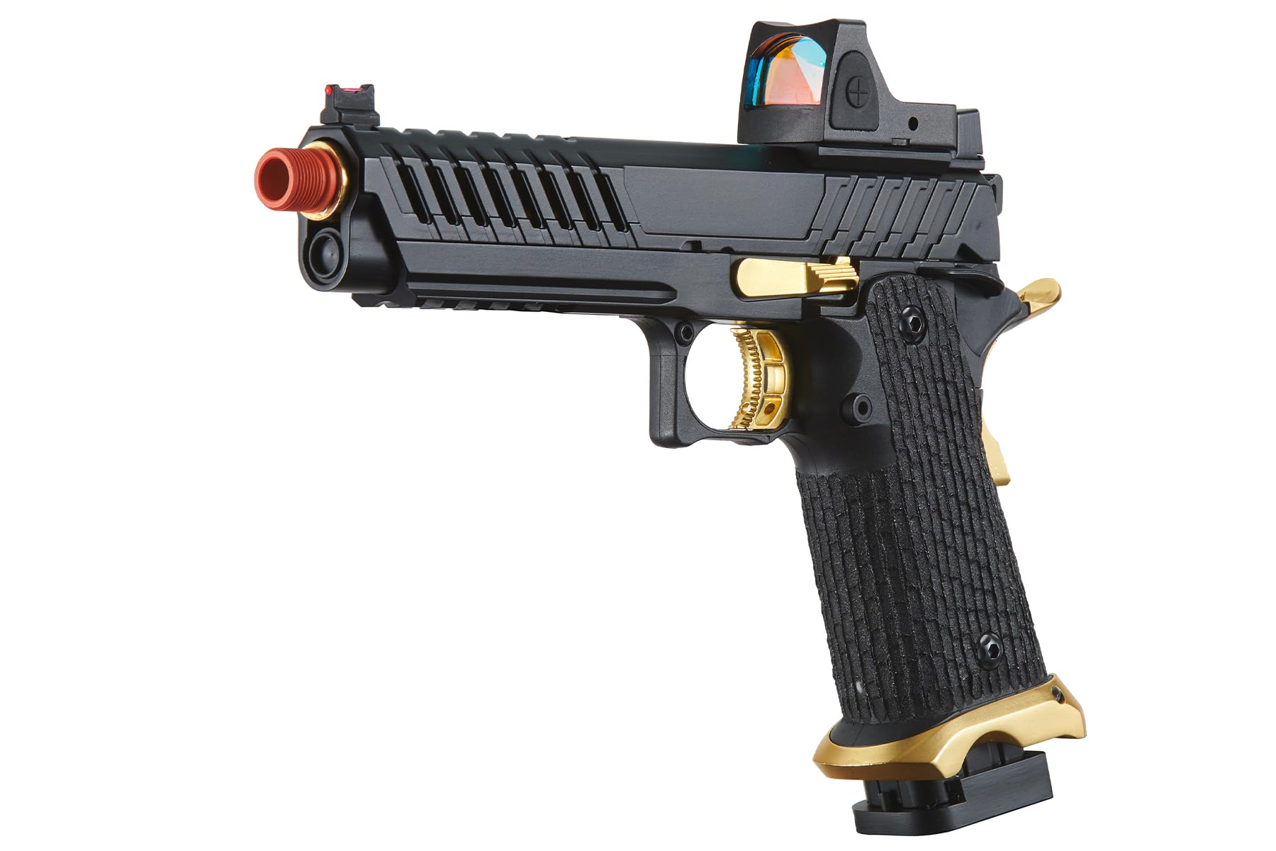 Lancer Tactical Knightshade Hi-Capa Gas Blowback Airsoft Pistol with Red Dot Reflex Sight - Black/Gold | Realistic Training & Competitive Airsoft Matches