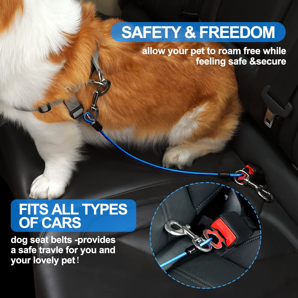 2 Pack Dog Seat Belt Harness for Car - 16 Inch/40CM No Chew Safety Restraint with Double Clips & Latch - Red & Blue Coated Wire Leash for Small to Medium Dogs - Perfect for Road Trips & Safe Car Travel