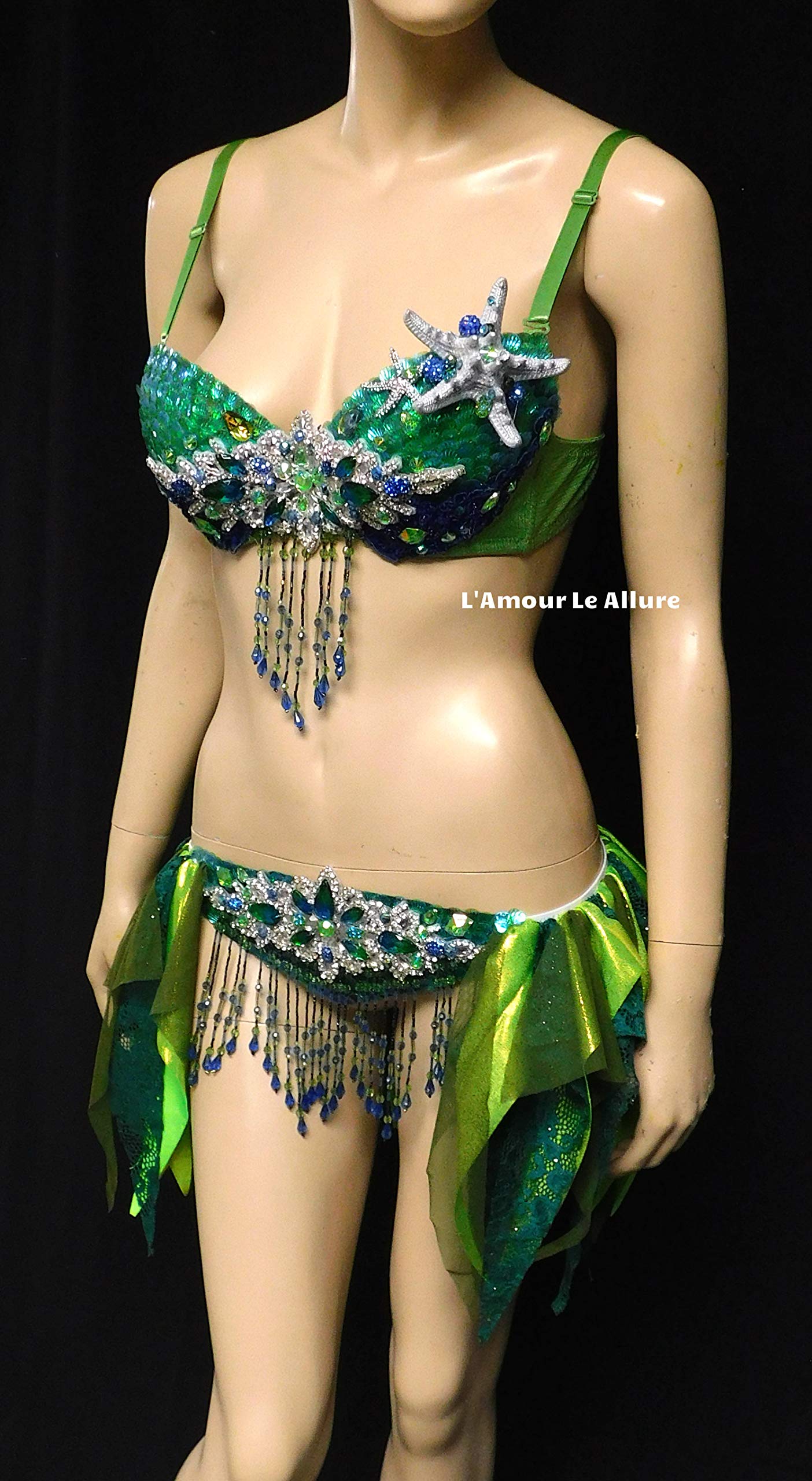 Sparkling Mermaid Bra & Skirt Set - Green, Blue & Silver Sequin Scales for Costume Parties, Halloween & Cosplay