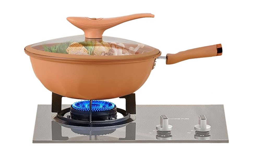 Non-Stick Clay Wok with Steamer Basket - 2-in-1 Frying and Steaming Pan - Induction & Gas Stove Compatible - Multi-Functional Covered Skillet for Asian Cooking, Stir Fry, Steaming Vegetables & Healthy Meals