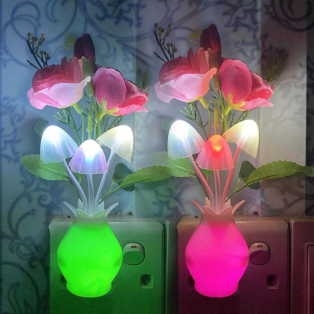 2 Pack Rose Flower LED Mushroom Night Light - Dusk to Dawn Sensor, 7 Color Changing Plug-in Lamp for Kids & Adults - Perfect for Bedroom, Bathroom, Kitchen, Hallway & Stairs (Flower B) - Creates Cozy Ambiance for Nighttime Safety and Relaxation