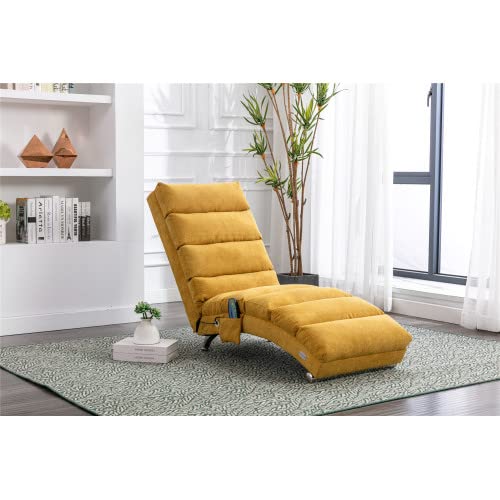 Electric Recliner Massage Chaise Lounge Chair - Ergonomic Linen Leisure Accent Chair for Living Room, Office & Bedroom - Modern Long Lounger with Adjustable Features - Perfect for Relaxation, Reading & Napping (Mustard)