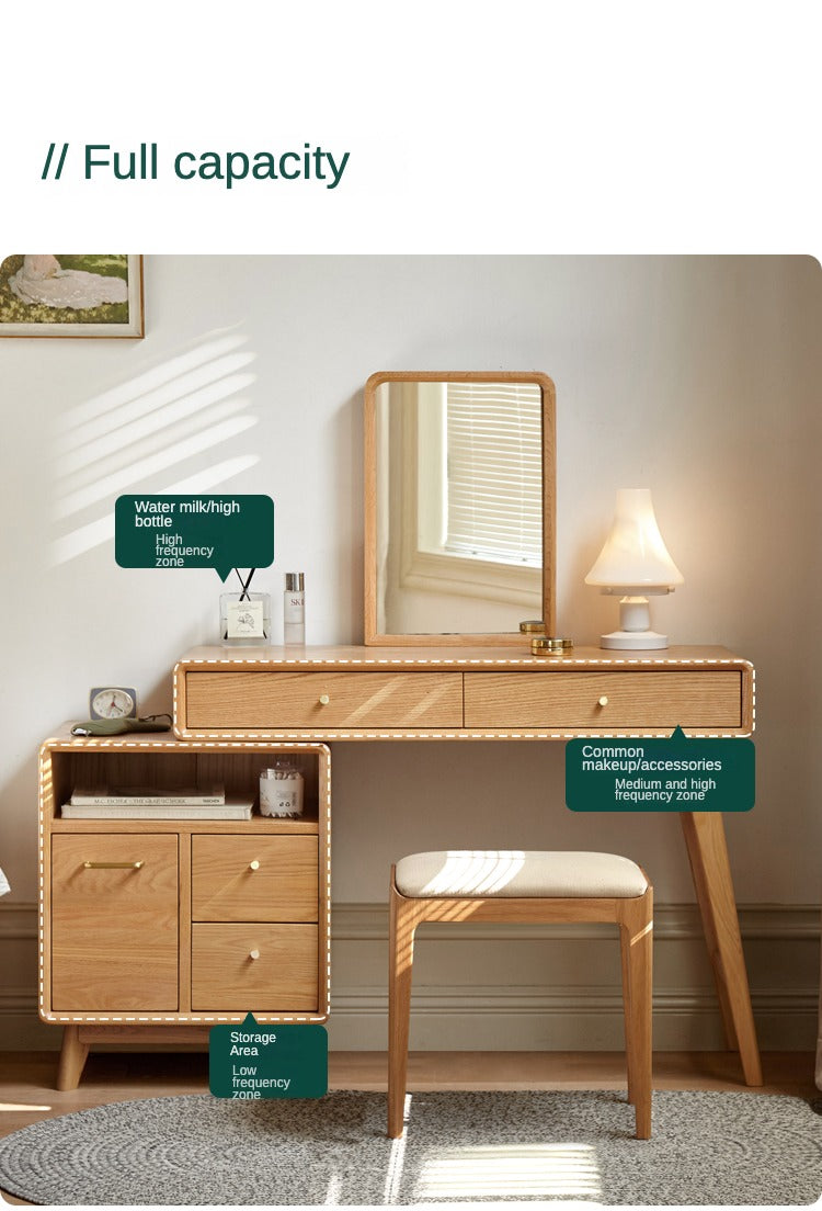 Solid Oak Wood Extendable Vanity Dressing Table with Mirror - Perfect for Bedroom Makeup & Jewelry Storage
