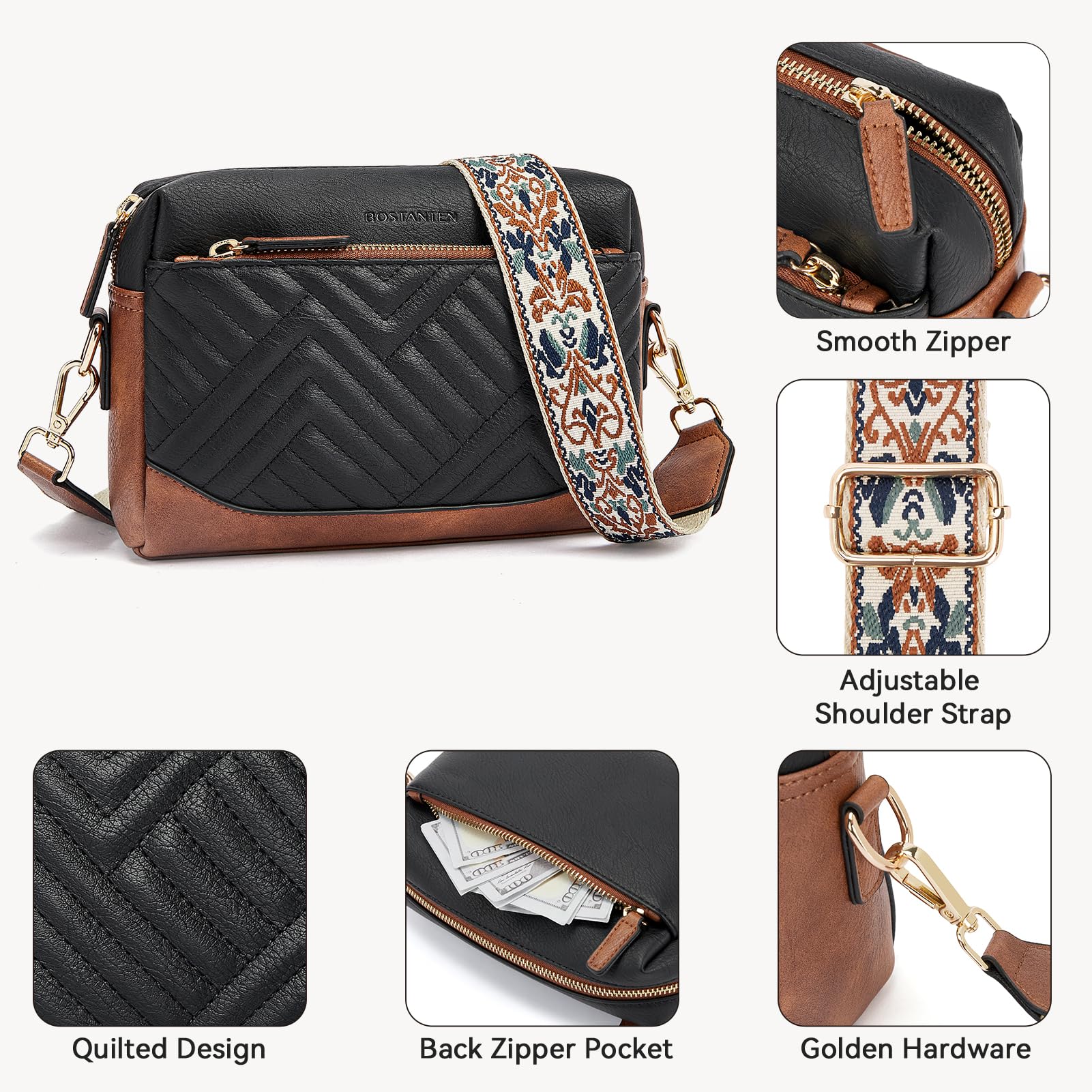 BOSTANTEN Women's Vegan Leather Crossbody Bag - Quilted Shoulder Purse with Adjustable Strap | Perfect for Work, Travel & Everyday Use