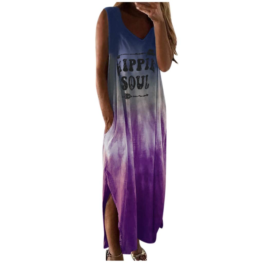 Gloneld Women's Tie-Dye Print Maxi Dress - Sleeveless V-Neck Casual Summer Long Dress with Pockets for Beach, Party & Vacation | Sexy & Comfortable