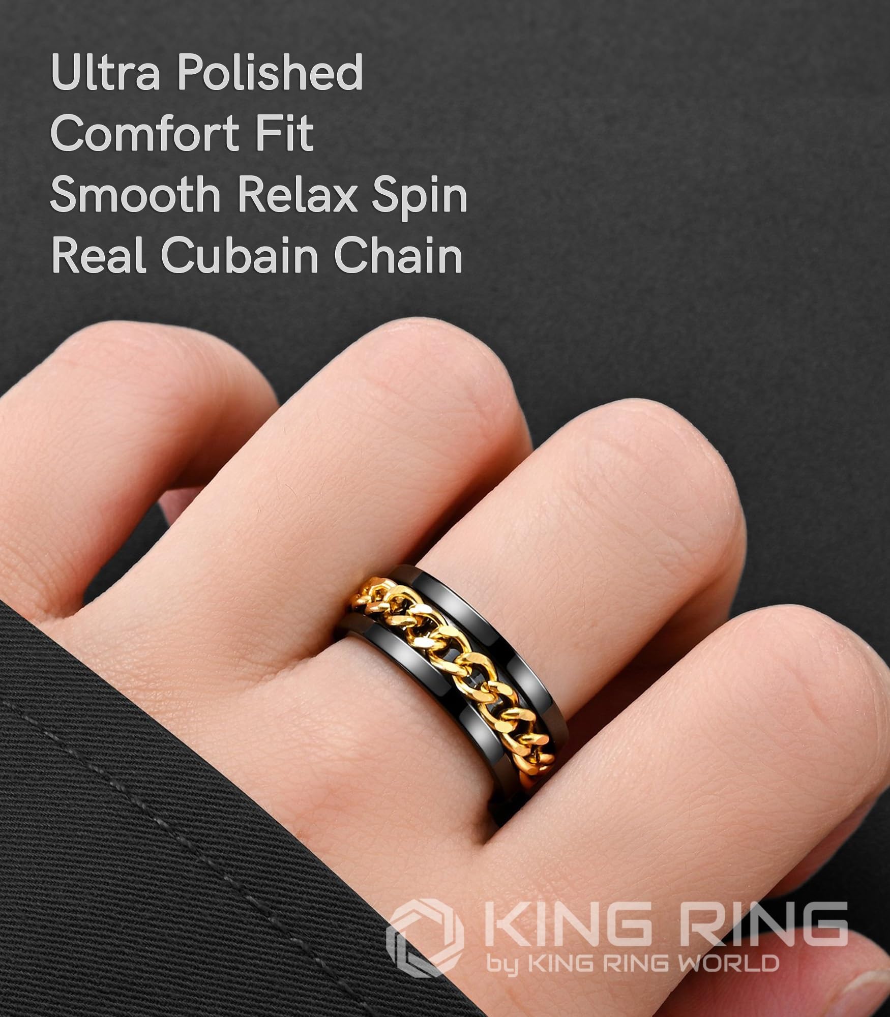 8mm Spinner Ring for Men & Women - Fine Polished Flat Fidget Ring with Cuban Chain - Stress Relief & Anxiety Relief Jewelry - Perfect for Office, Travel & Daily Wear - Designed in USA
