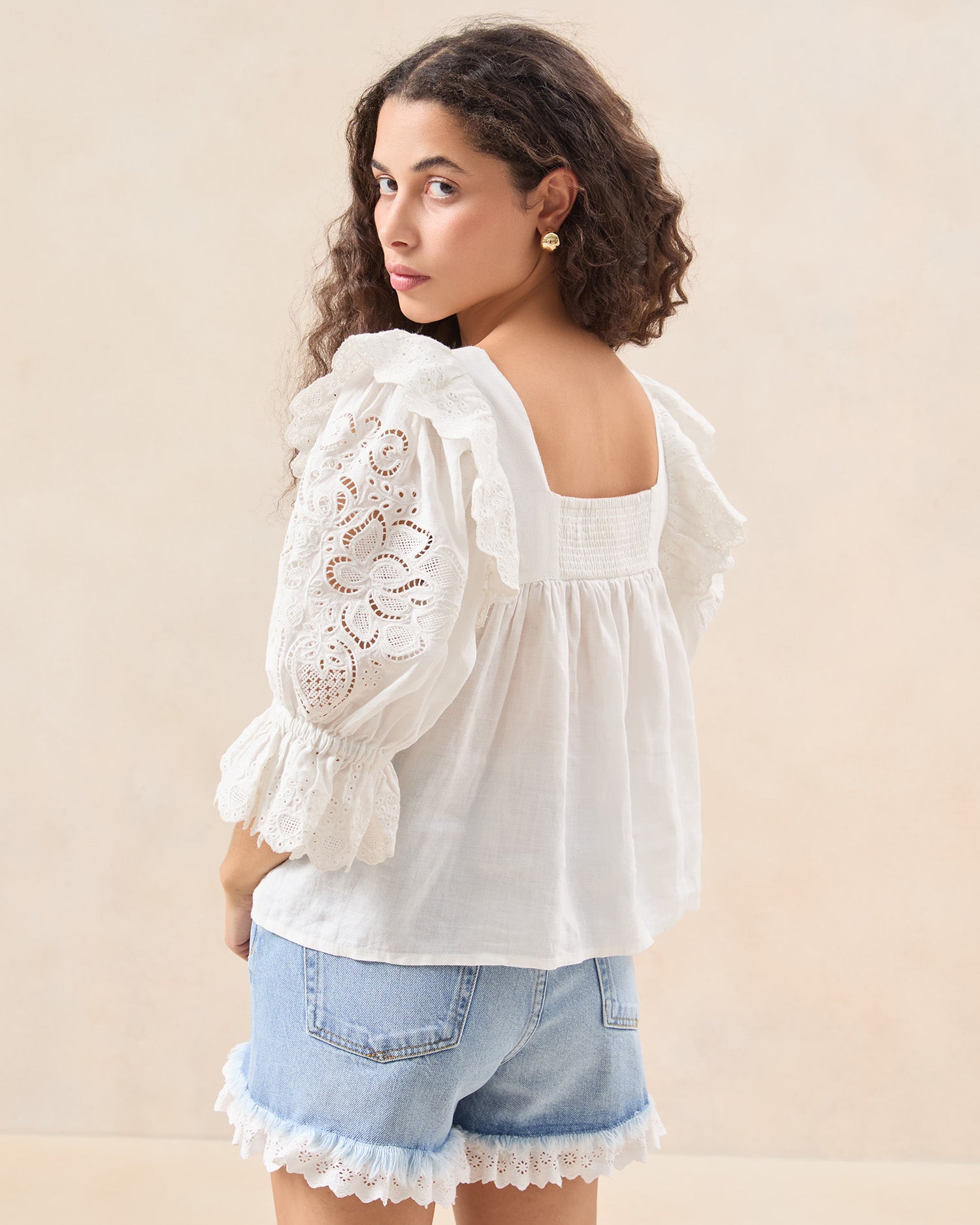 Penelope White Puff Sleeve Blouse for Women - Elegant Ruffle Top with Flowy Fabric - Perfect for Office, Date Night & Special Occasions