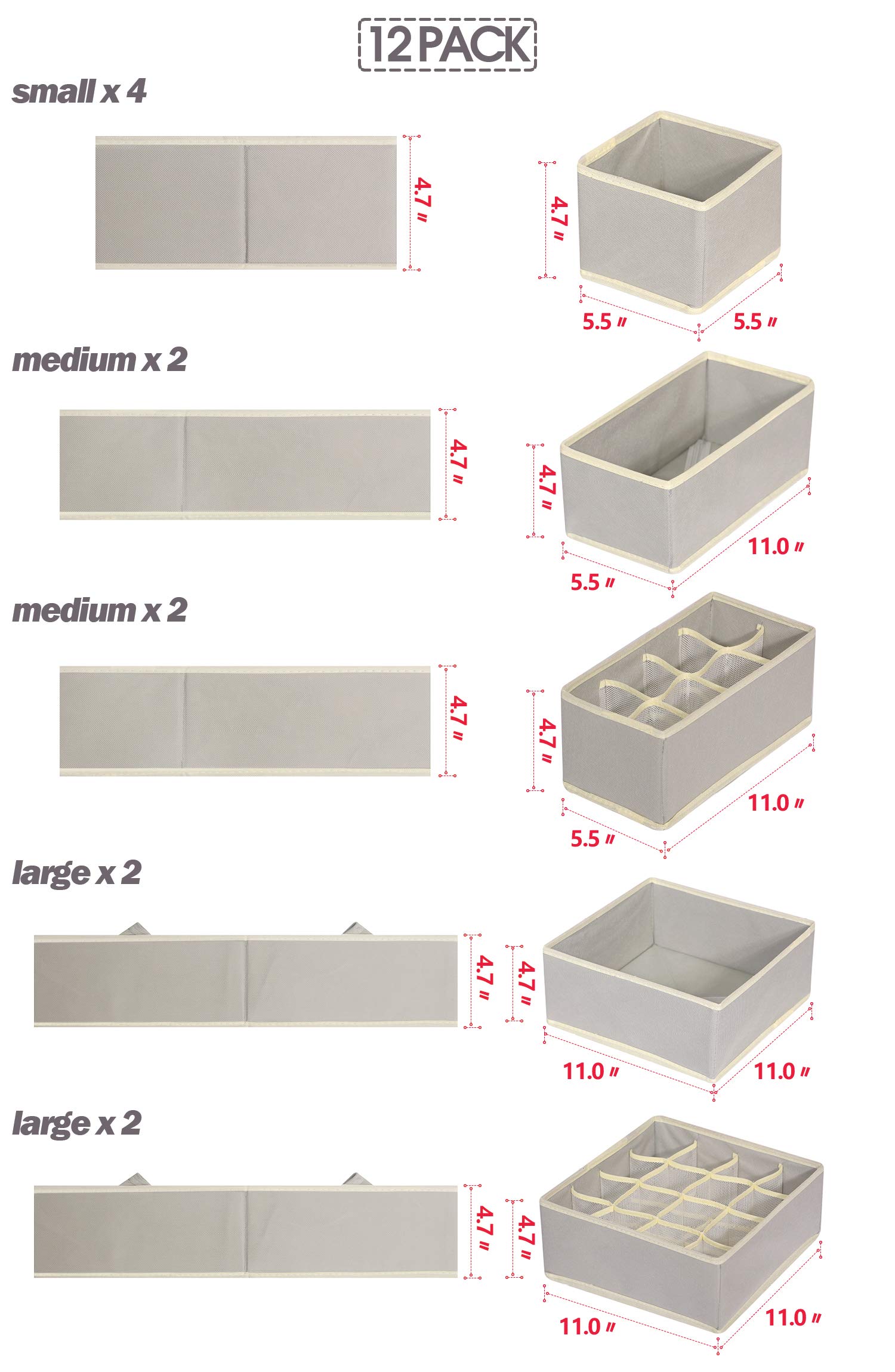 12 Pack Foldable Fabric Drawer Organizers - Closet Storage Box Dividers for Underwear, Bras, Socks & Baby Clothes | Gray Dresser Organizer Cubes for Nursery, Bedroom & Bathroom Organization