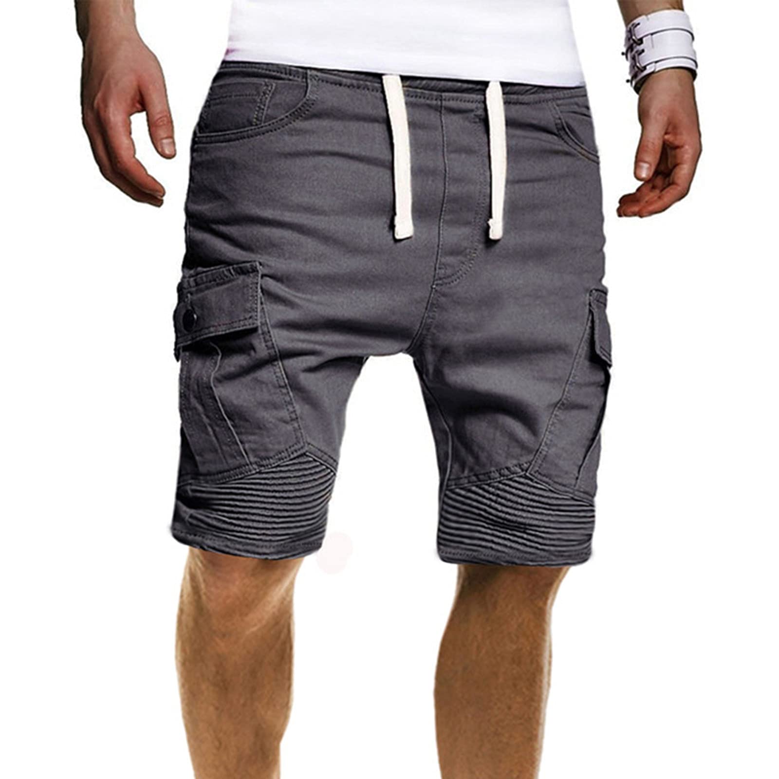 Men's Summer Casual Drawstring Shorts with Button & Pockets - 9 Inch Inseam Solid Color Short Pants for Outdoor Activities, Beach, Gym & Travel