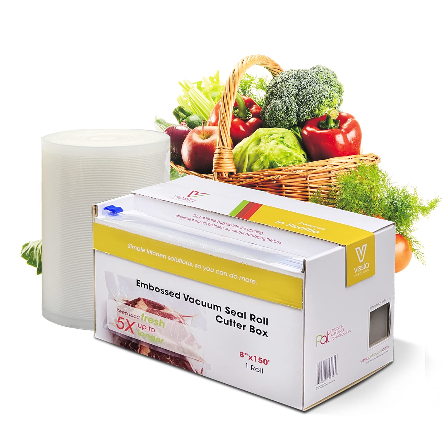 Premium Vacuum Sealer Roll (8” x 150’) with Built-in Cutter - Heavy Duty Food Saver Bags for Sous Vide, Meal Prep & Long-Term Storage | Vesta Precision | Ideal for Freezing, Marinating & Organizing Kitchen Staples