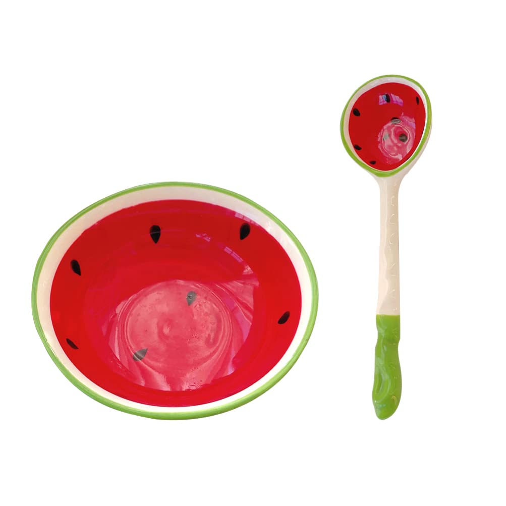 Watermelon Shaped Ceramic Rice Container Set - 1 Dessert Bowl & Spoon for Cereal, Pasta, Salad, Snacks | Japanese Style Serving Bowls for Kitchen, Party, Picnic & Home Dining