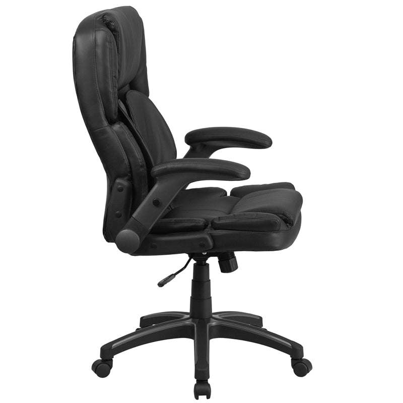 FLASH Hansel Extreme Comfort High Back Black LeatherSoft Executive Swivel Ergonomic Office Chair with Flip Up Arms - Premium Home & Office Seating for Long Work Hours
