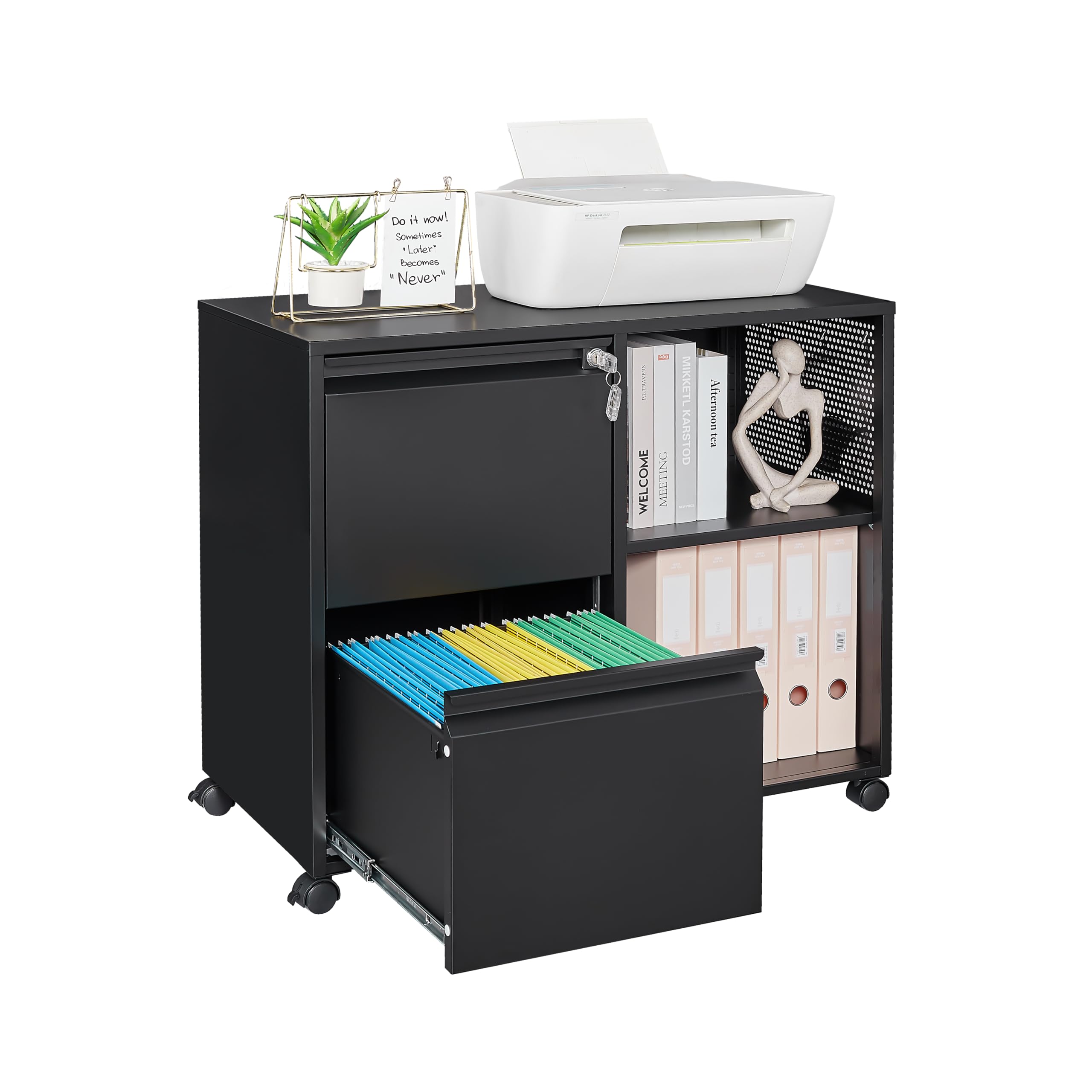 2-Drawer Mobile File Cabinet with Lock - Adjustable Shelves for Letter, A4 & Legal Size Documents - Black Lateral Filing Cabinet for Home Office Organization - Perfect for Small Spaces & Shared Workspaces