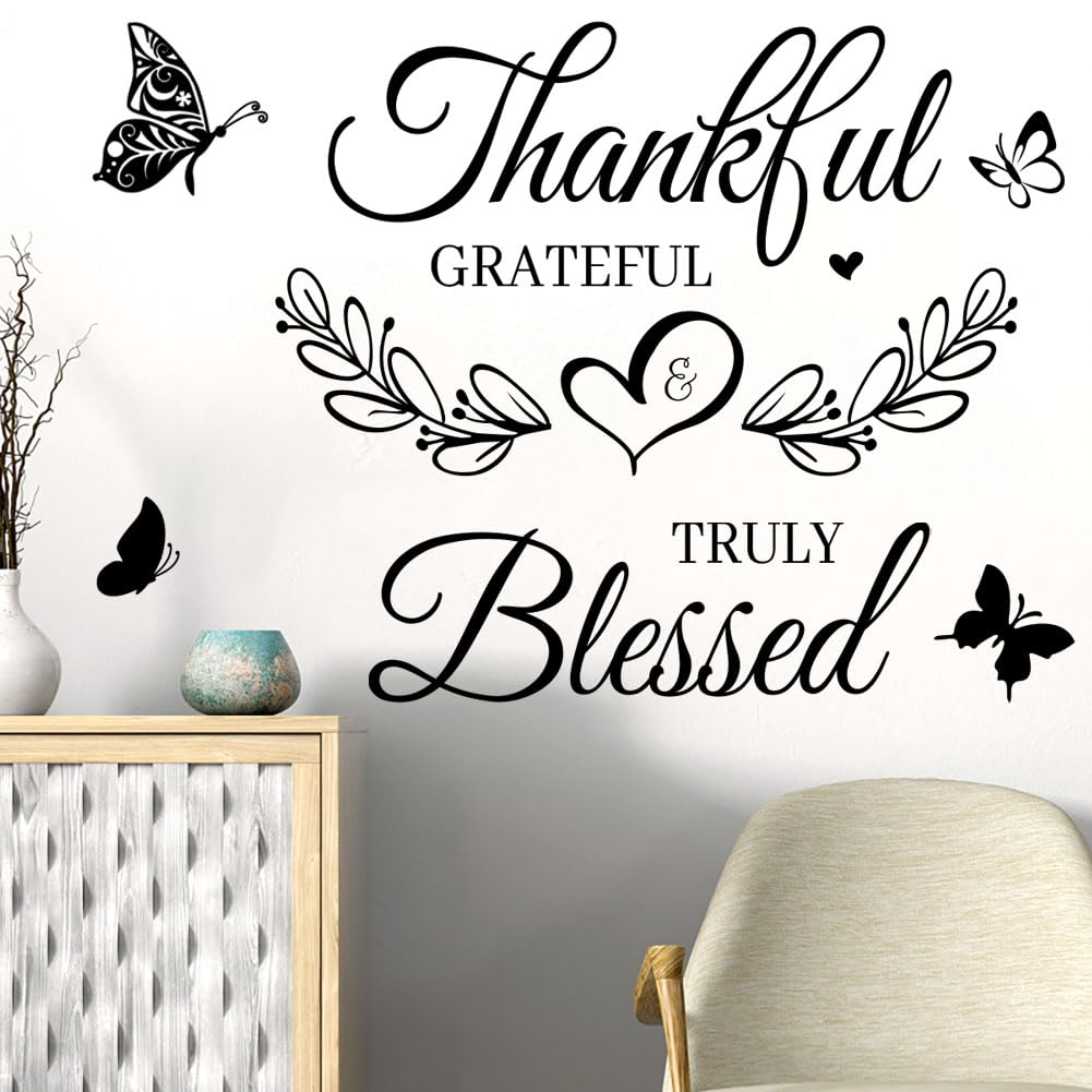 Inspirational Quote Wall Decal - Thankful Grateful Blessed Vinyl Lettering Stickers for Home Decor, Living Room, TV Background - Perfect for Farmhouse, Bedroom & Office Wall Art
