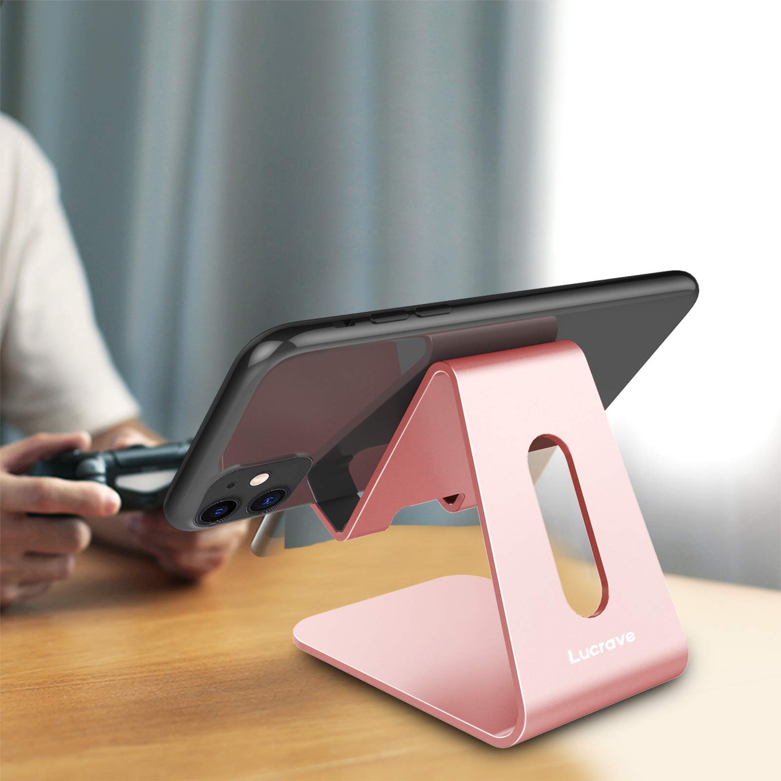 Lucrave Aluminum Phone Stand for Desk - Compatible with iPhone 16/15/14/13/12 Mini/Pro/Max/XS/XR/X/SE/8/7/6/6s Plus, Huawei Mate 60 Pro, Samsung S23/S22/S21 - Rose Gold - Perfect for Home Office, Gaming & Video Watching