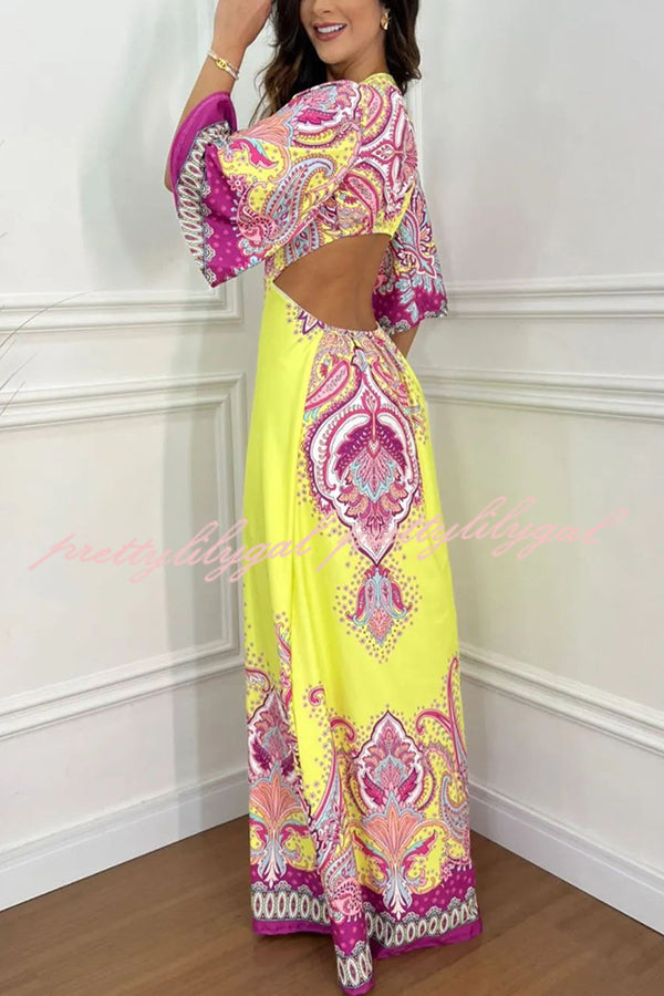 Elegant Palace Style Print Bell Sleeve Backless Maxi Dress for Women | Flowy Vacation & Beach Dress | Perfect for Summer Parties, Weddings & Tropical Getaways