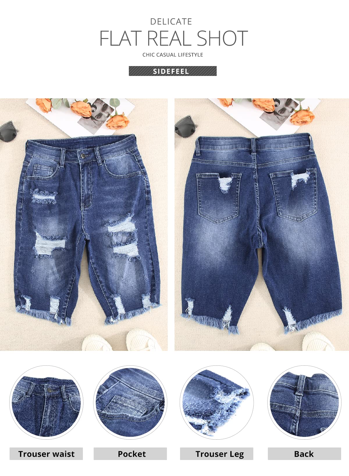 Sidefeel Women's Distressed Denim Bermuda Shorts with Raw Hem - High Waisted Casual Jean Shorts for Summer, Beach, and Everyday Wear