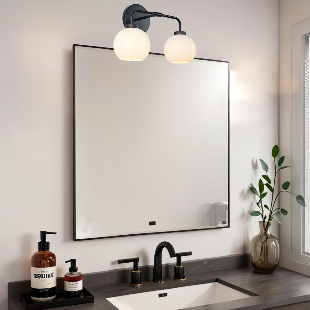 17 Inch Modern Glass Globe Double Sconce Wall Light - Matte Black Metal Finish with Hand-Polished Milky Glass Shade - Elegant Vanity Lighting for Bedroom, Bathroom & Over Mirror - Perfect for Indoor Home Decor & Ambient Lighting