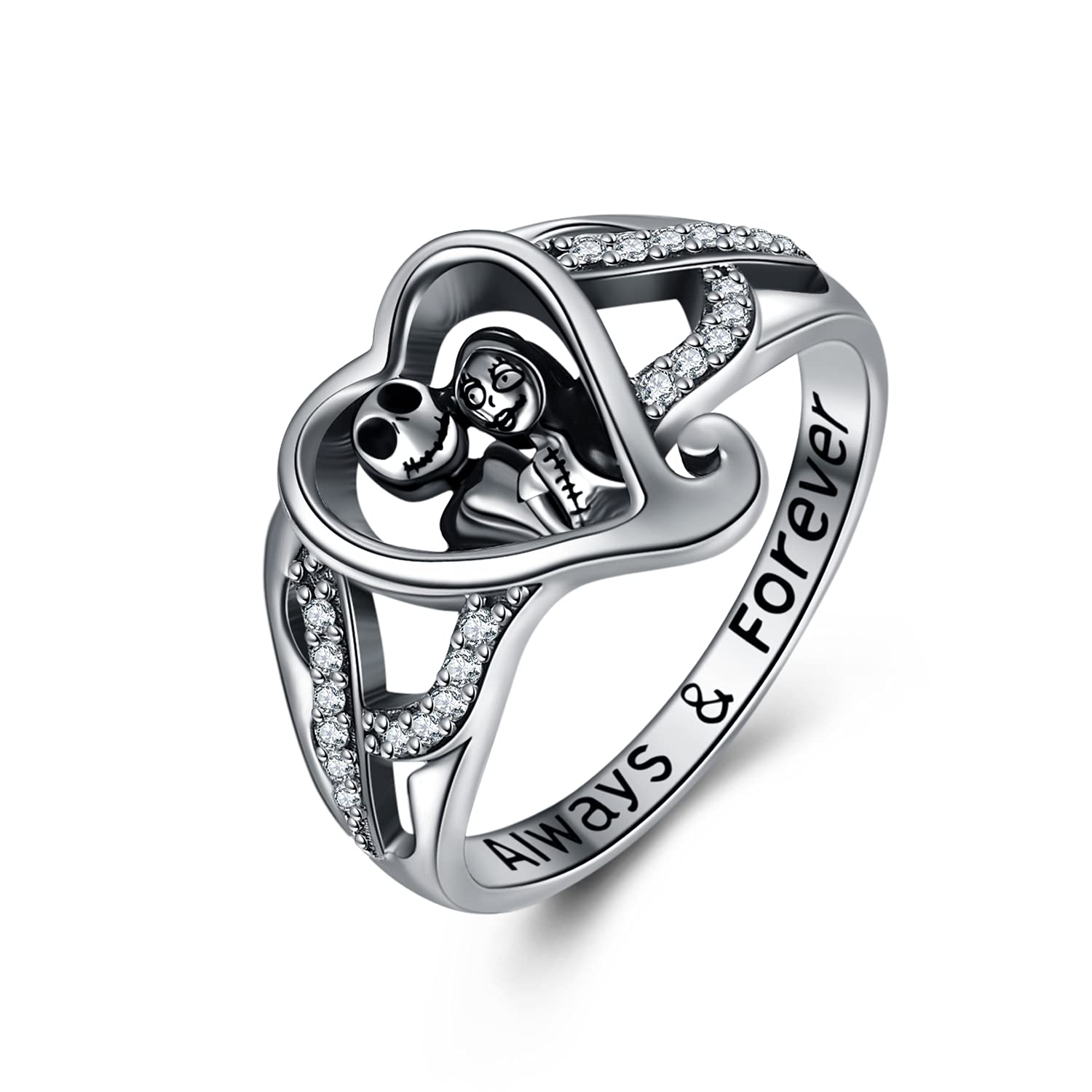 ONEFINITY Jack and Sally Sterling Silver Ring - Nightmare Before Christmas Jewelry, Skull Ring for Women, Girlfriend, Couple - Perfect Birthday, Christmas Gift for Her - Great for Cosplay, Halloween, Gothic Fashion