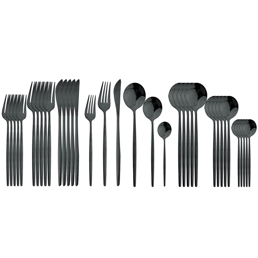 36-Piece Stainless Steel Flatware Set - Knife, Fork, Spoon, Teaspoon for Dinner & Dessert - Elegant Black Cutlery Set for Formal Dining, Kitchen & Restaurant Use