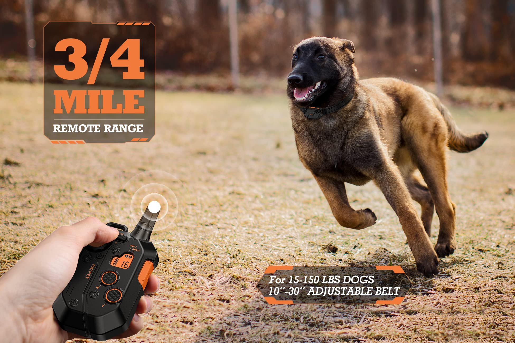 3/4 Mile Range Dog Shock E Collar with Remote - Rechargeable Training Collar for Small to Large Dogs (15-150 lbs) - Perfect for Obedience Training, Bark Control & Outdoor Adventures