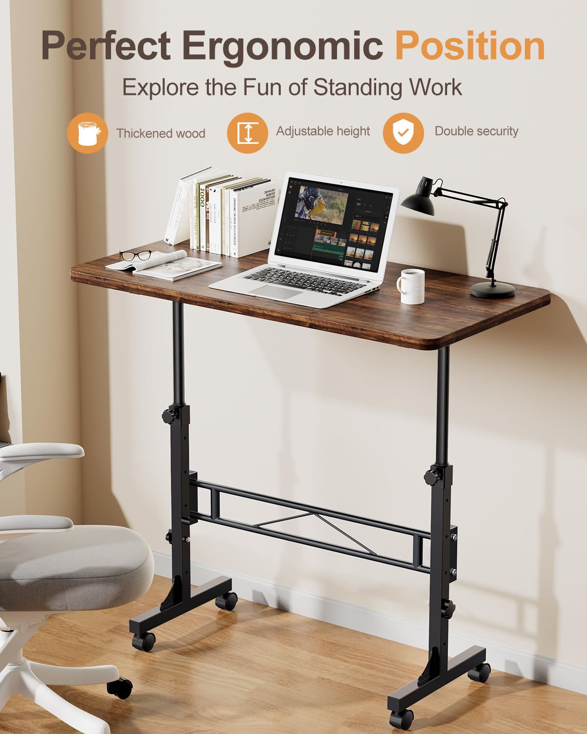 Adjustable Height Small Standing Desk with Wheels - 32 Inch Portable Mobile Stand Up Desk for Home Office, Walking Pad Treadmill & Workspace - Rustic Rolling Desk for Ergonomic Workstation