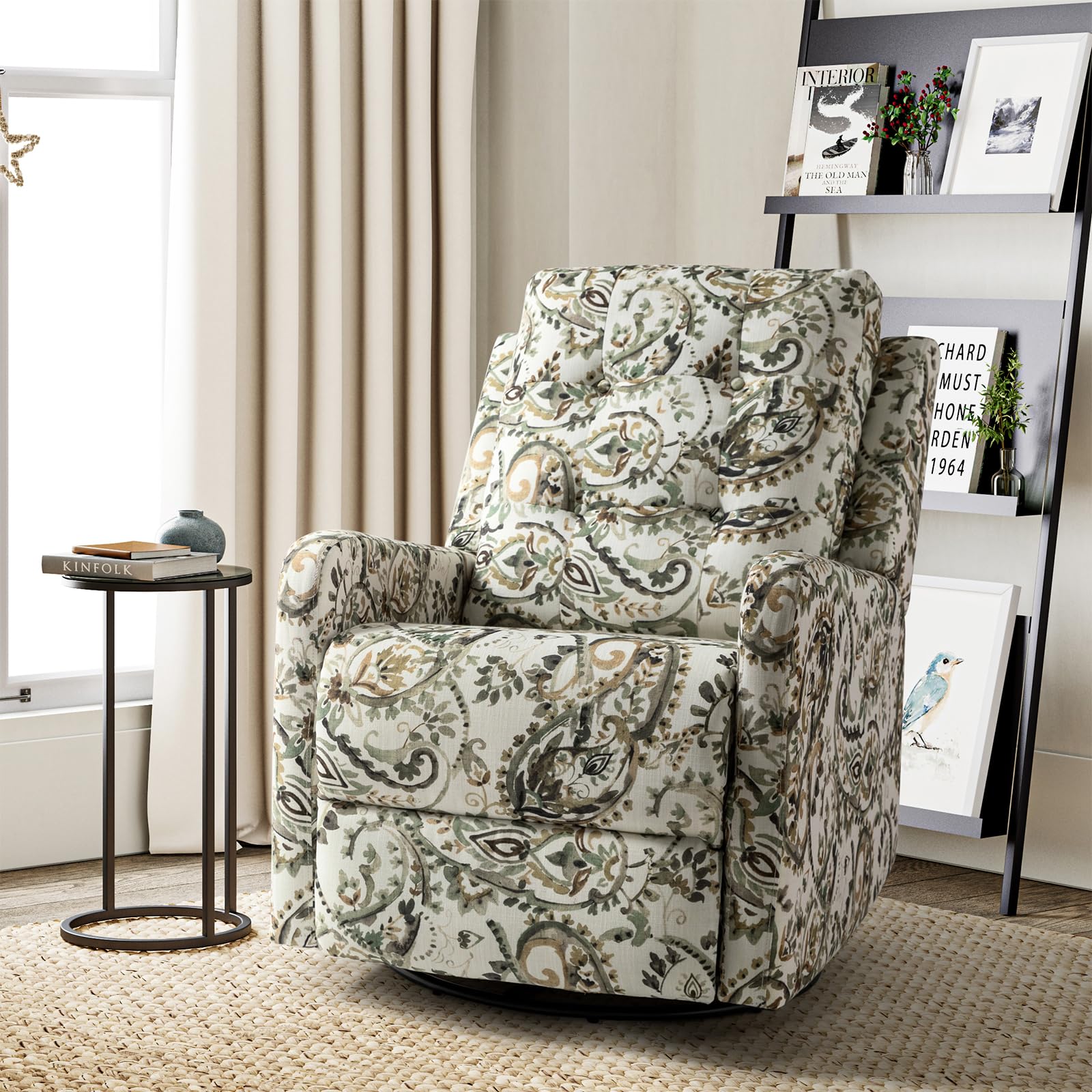 HULALA HOME Modern Printed Fabric Recliner Chair - 360 Degree Swivel Wingback Rocker with Adjustable Backrest & Footrest, Comfortable Living Room Armchair for Nursery, Home Theater & Relaxation (Sage Green)