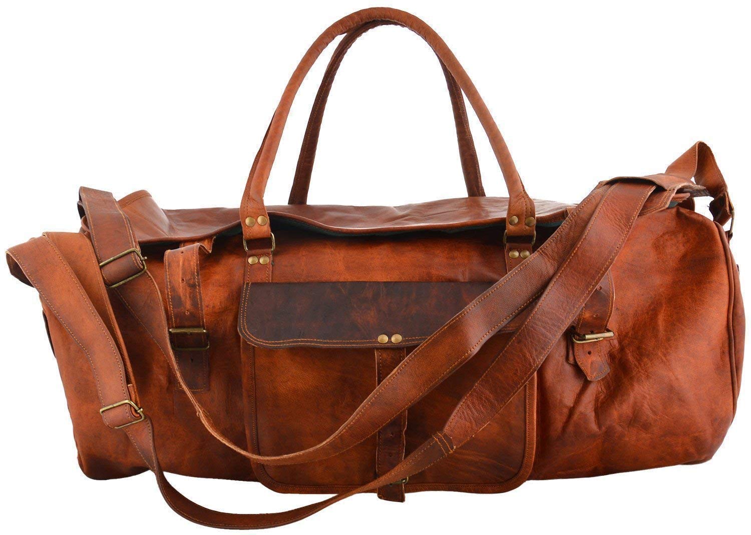 Premium 100% Genuine Goat Leather Duffle Bag - Handcrafted Large Travel & Gym Bag (24