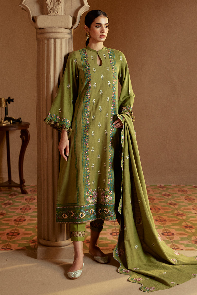 Green Oasis 3-Piece Khaddar Embroidered Suit Set - Elegant Pakistani Formal Wear for Weddings & Special Occasions