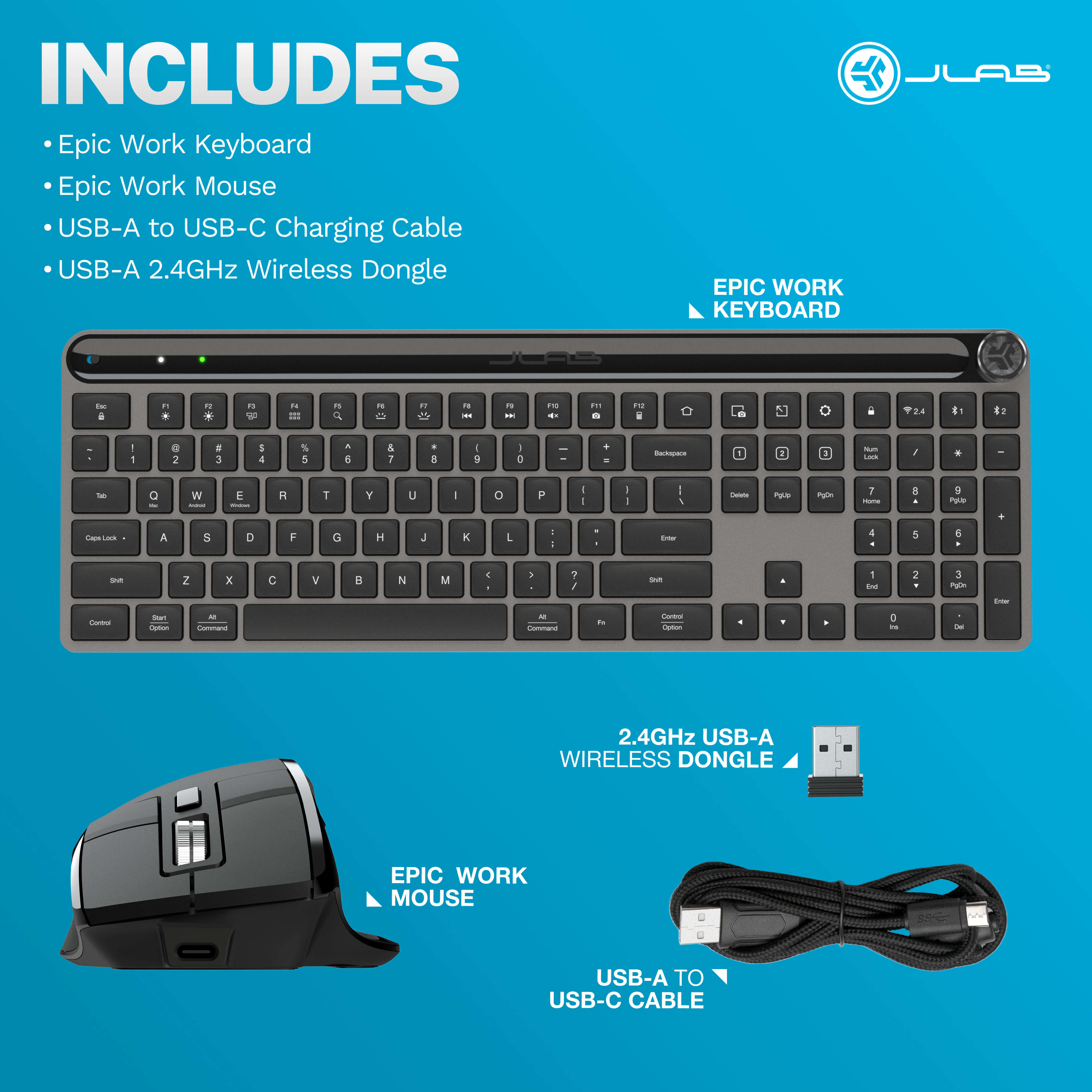 JLab Epic Wireless Keyboard and Mouse Combo - Ergonomic Design for Home, Office, and Gaming Use