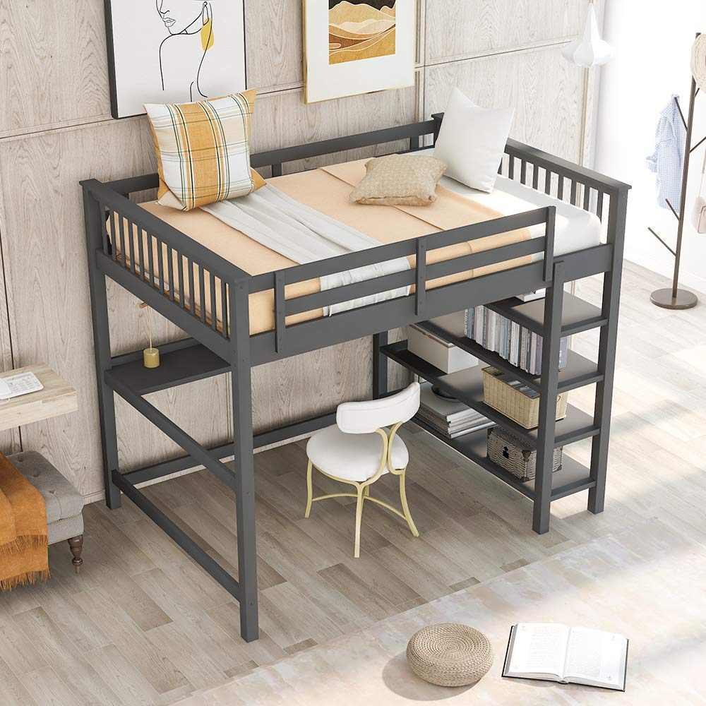 Rubber Wood Loft Bed with Storage Shelves & Desk - Full-Length Guardrail, Space-Saving Kids Bed Frame with Bookcase (Full Size, Gray) - No Box Spring Needed | Perfect for Small Bedrooms, Dorms & Kids' Rooms