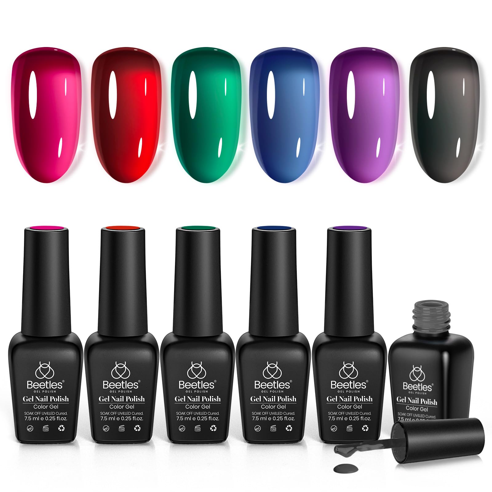 Beetles 6 Colors Jelly Gel Nail Polish Set - Pink, Red, Black, Blue, Green, Purple Sheer Translucent UV Soak Off Gel for Manicure | Spring Summer Nail Art Gift for Women | Perfect for Home Salon, DIY Nails & Professional Use