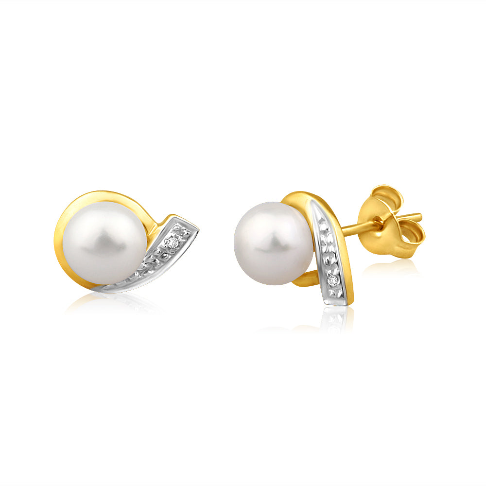 9ct Yellow Gold Diamond & Freshwater Pearl Stud Earrings for Women - Elegant Gift for Anniversary, Birthday & Special Occasions