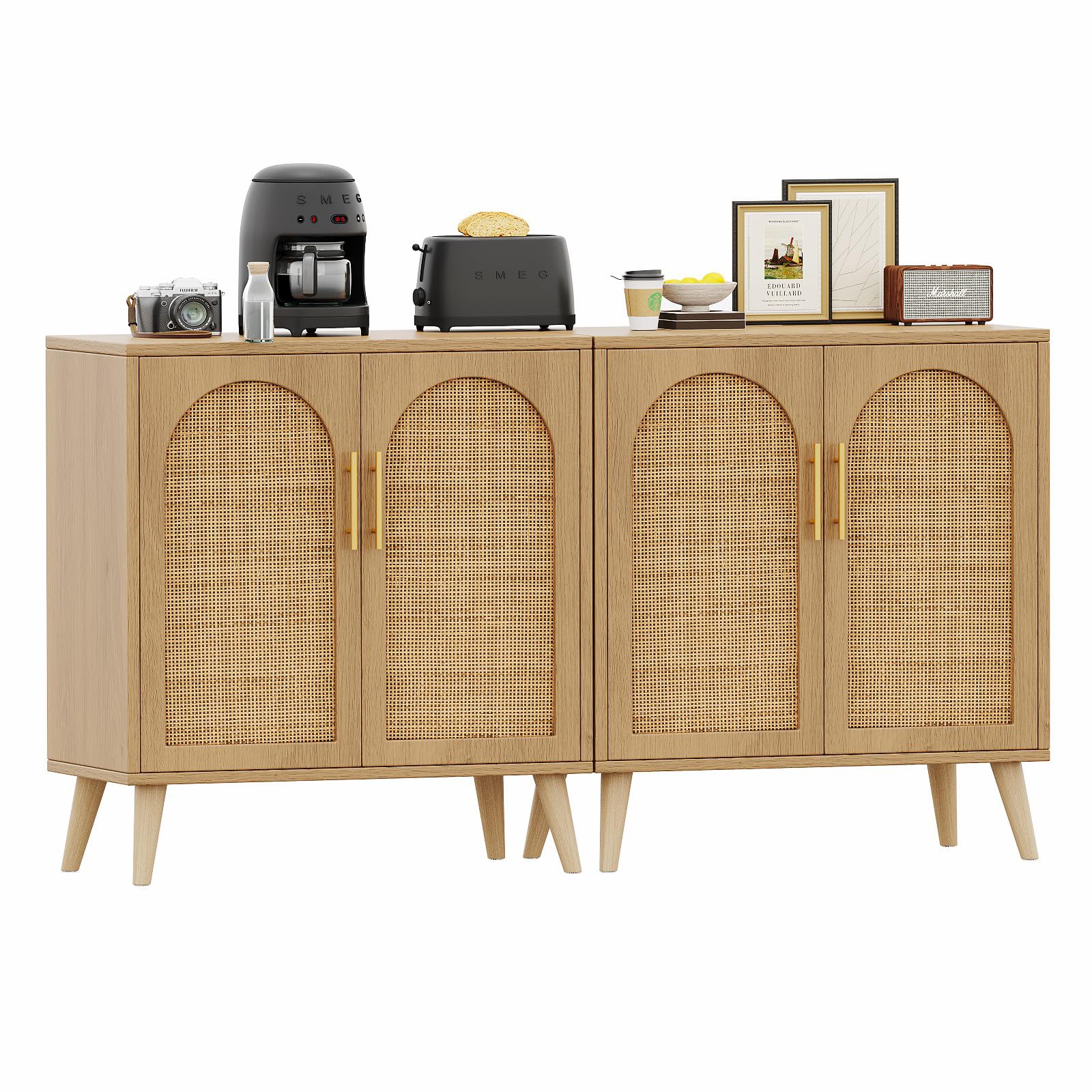 Rovaurx Set of 2 Rattan Storage Cabinets with Doors - Modern Accent Bathroom & Living Room Floor Cabinet, Sideboard Buffet for Entryway, Dining Room & Kitchen - Natural BMGZ108M02 | Perfect for Home Organization & Stylish Decor