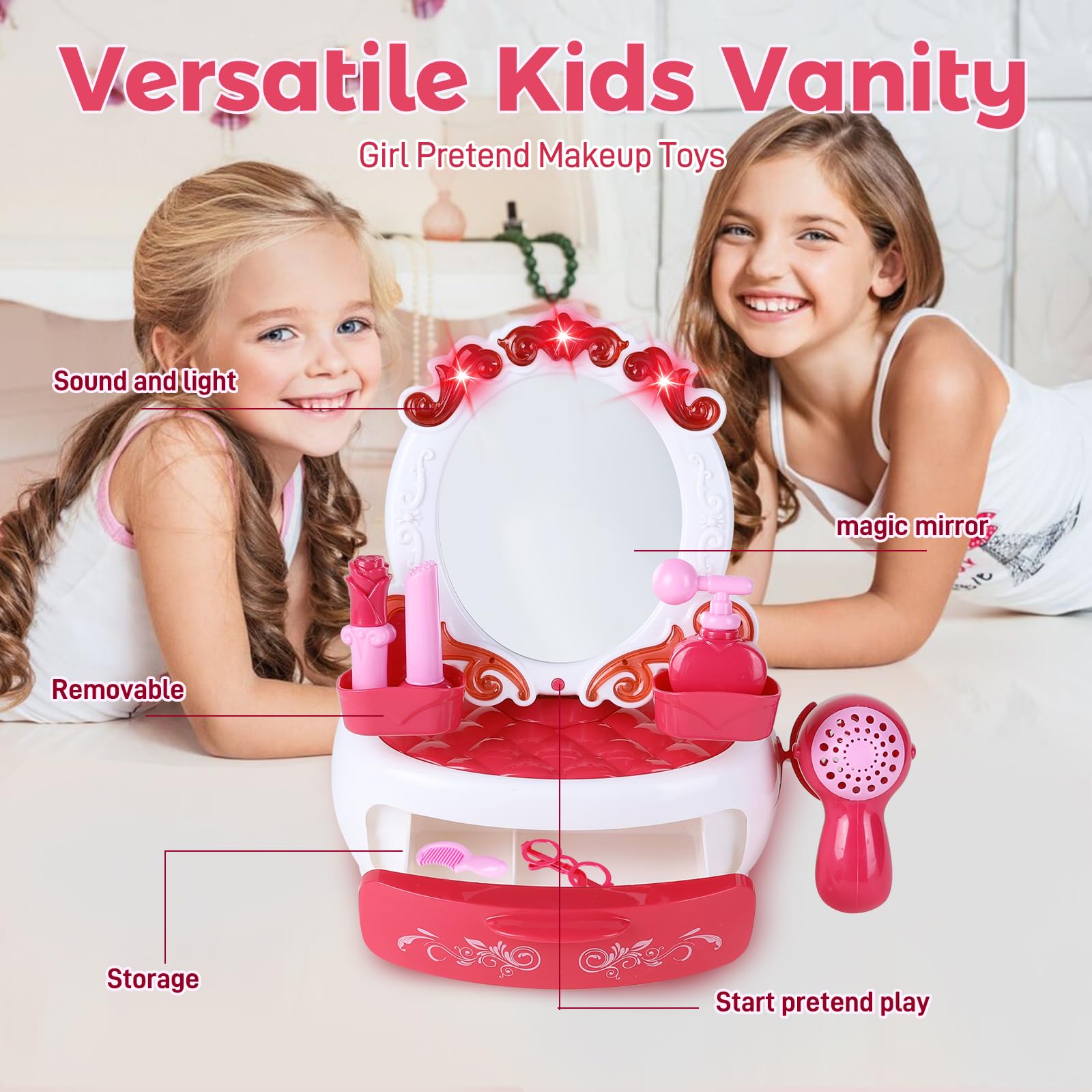 **Girls Vanity Set with Light Mirror - Pretend Makeup & Beauty Salon Play Set for Toddlers 5-7 - Doll Furniture & Dress-Up Toy for Christmas & Birthday Gifts - Perfect for Kids' Bedroom & Playroom Decor**
