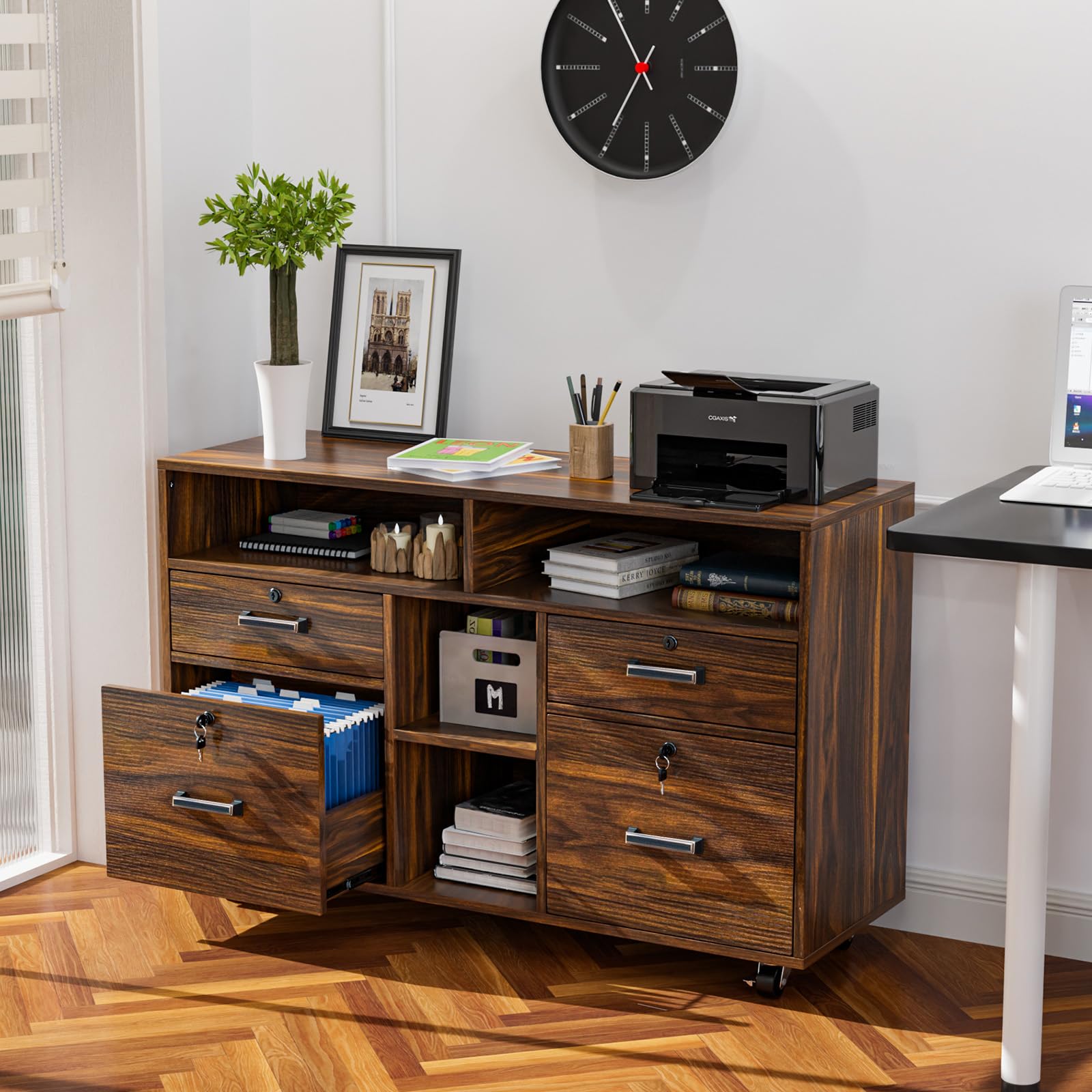 VINGLI 4-Drawer Wood Lateral File Cabinet with Lock & Open Shelves - Lockable Rolling Office Storage for Letter Size Files, Dark Brown - Perfect for Home Office, Printer Stand & Document Organization