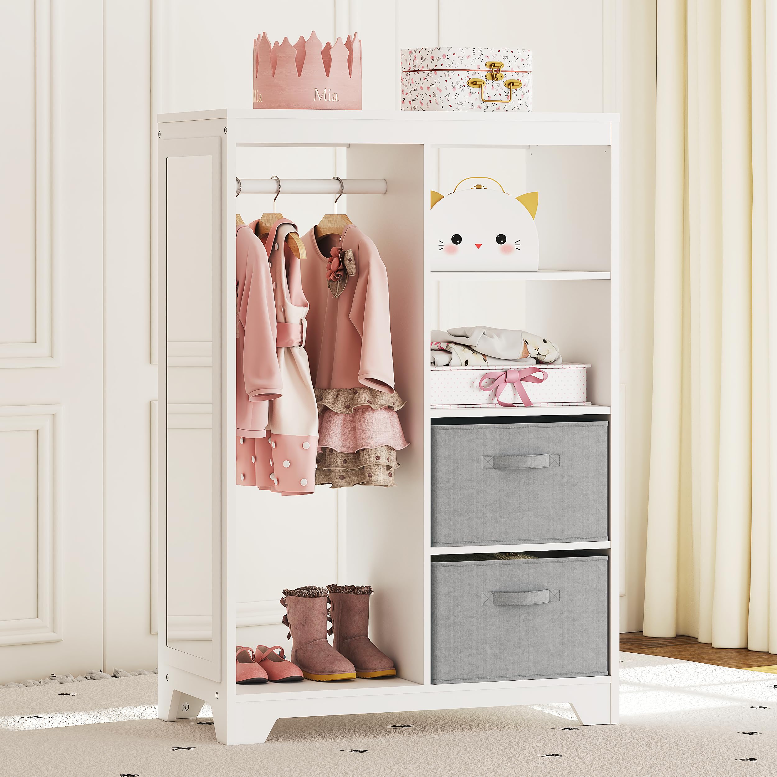 UTEX Kids Dress Up Storage with Full Length Mirror - Kids Armoire with 2 Storage Bins & Hanging Costume Closet - Pretend Play Wardrobe Dresser for Girls & Boys Bedroom - Perfect for Toy Organization & Dress-Up Playtime