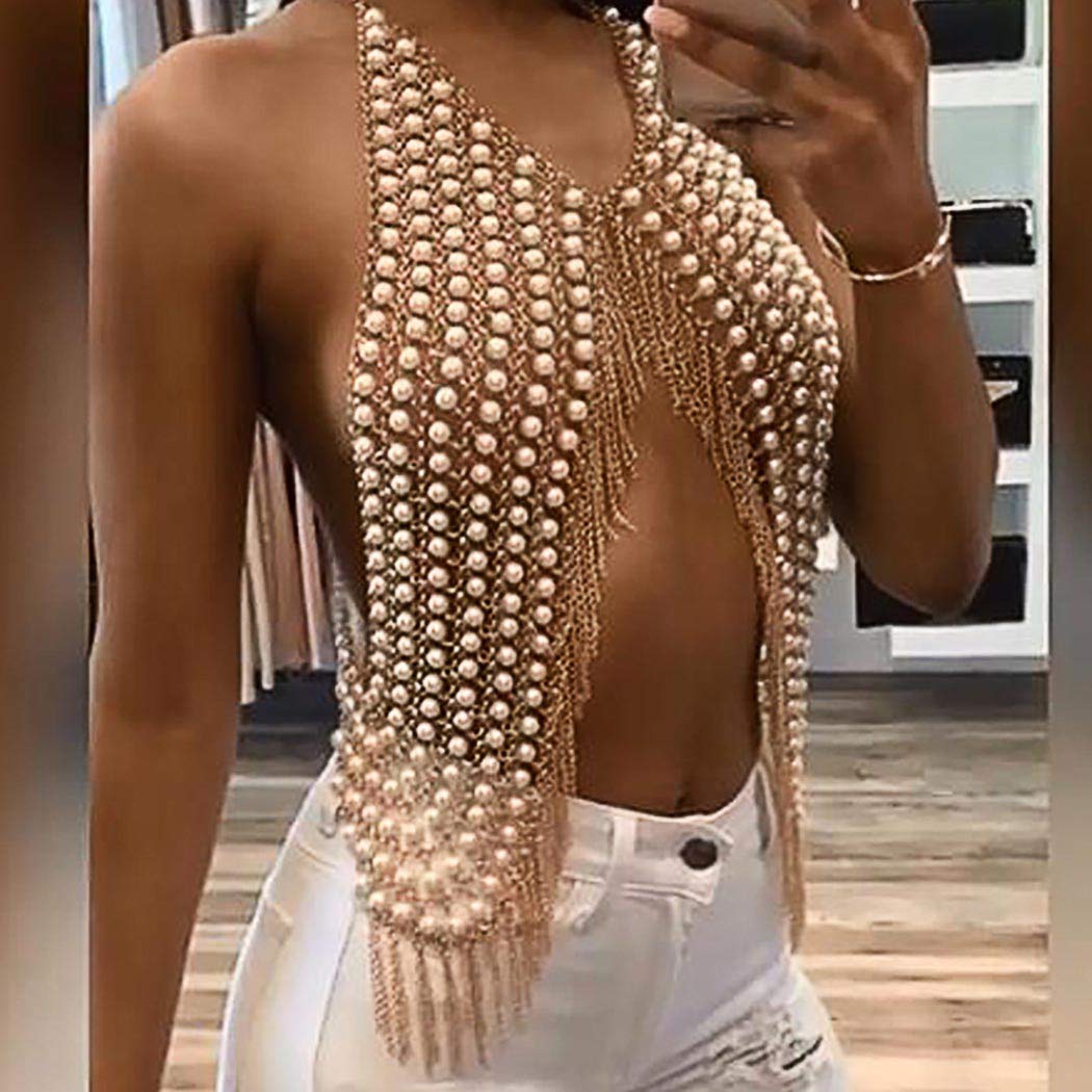 Boho Pearl Body Chain with Gold Tassel - Elegant Shoulder Necklace & Bikini Bra Jewelry for Women - Perfect for Summer Beach Parties, Music Festivals, and Boho Fashion Accessories