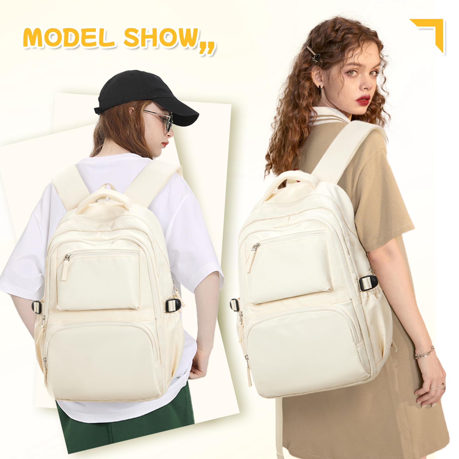 Coofay 17 Inch Travel Laptop Backpack for College Students - Waterproof School Backpack for Women & Men, Lightweight Gym Bookbag with USB Charging Port - Perfect for High School, Work, Commuting & Travel, Beige