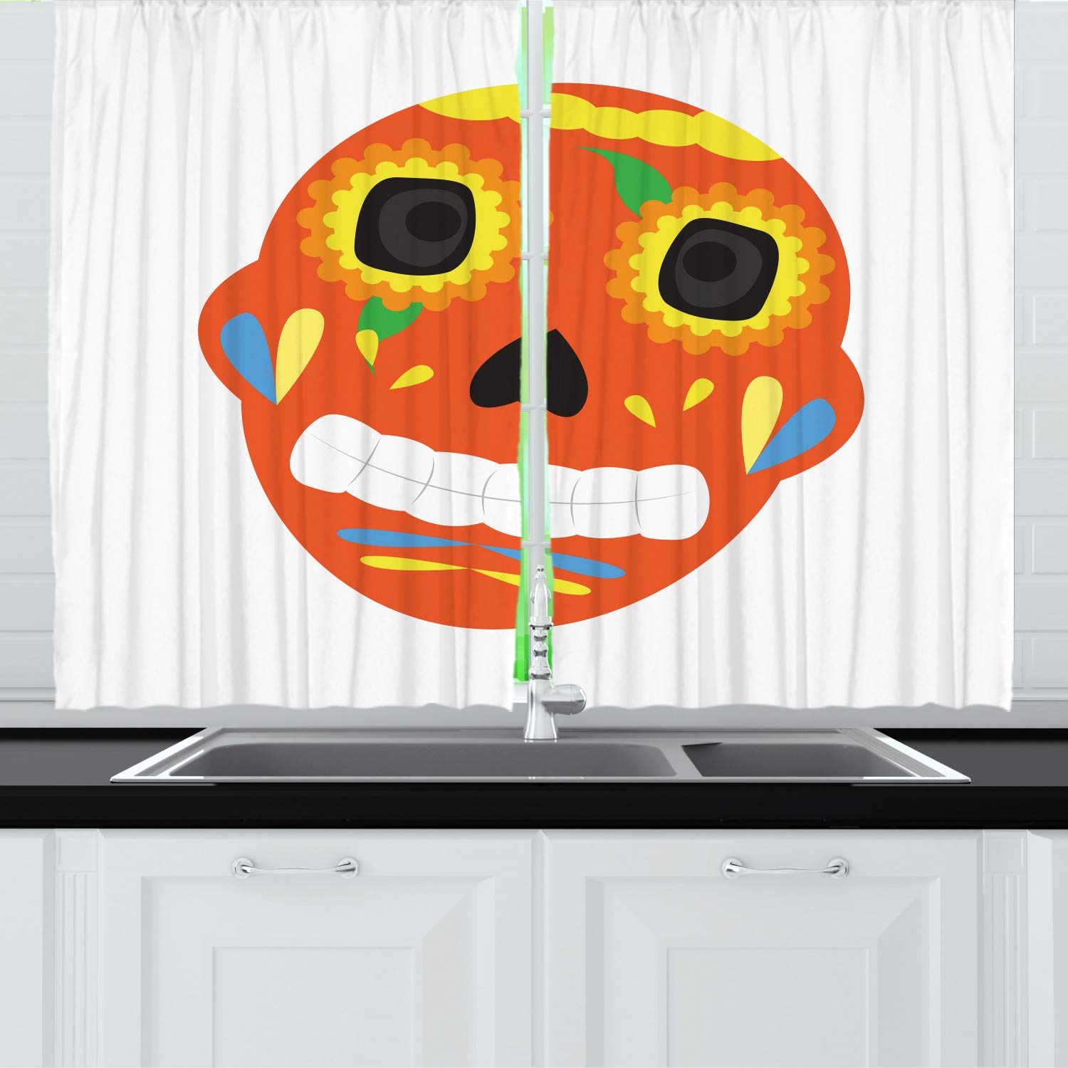 Ambesonne Day of The Dead Long Kitchen Curtains - Colorful Sugar Skull Art Print Drapes with Rod Pocket, 55