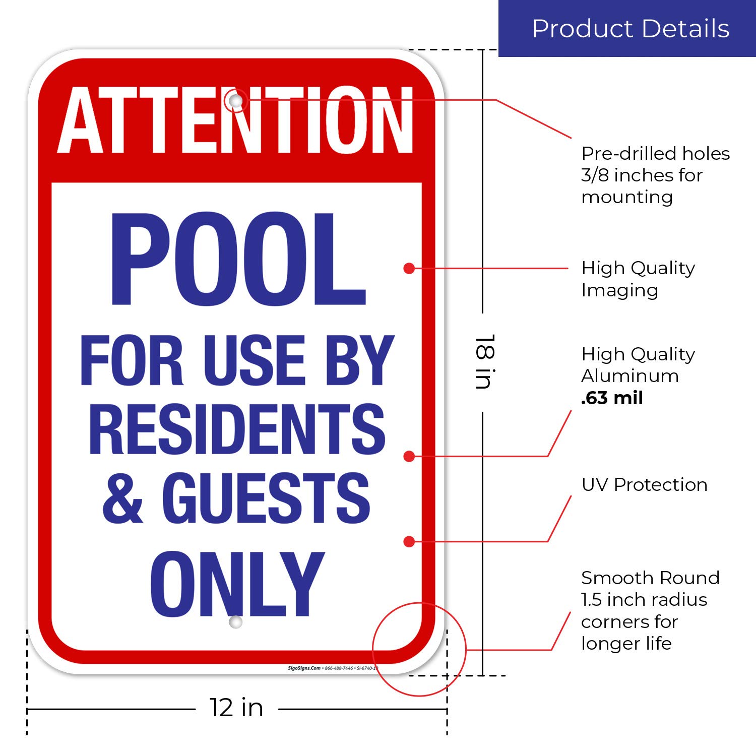 12x18 Inches Sigo Signs Rust-Free Aluminum Pool Sign - Attention Residents and Guests Only, Fade Resistant, Made in USA - Perfect for Community Pools, Hotels, and Apartment Complexes