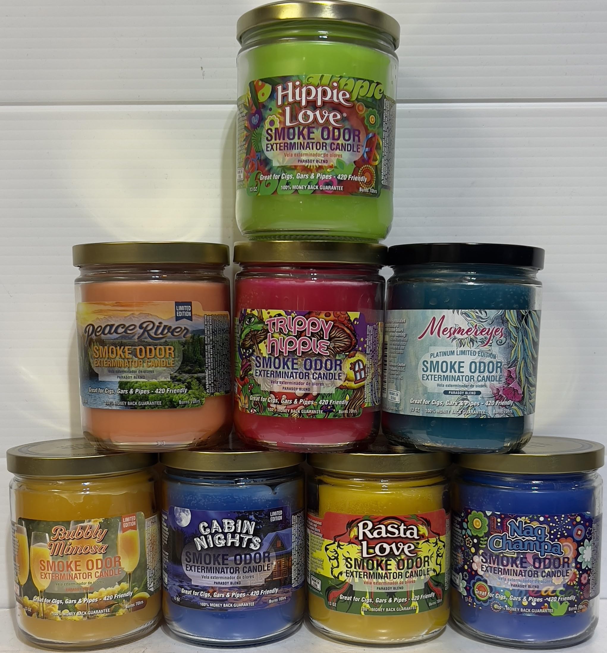Hippie Love Scented Candles 8-Pack - Smoke Odor Eliminator, 13oz Jar Candles with Trippy Hippie, Bubbly Mimosa, Peace River & More - Perfect for Home, Yoga Studio & Meditation Spaces