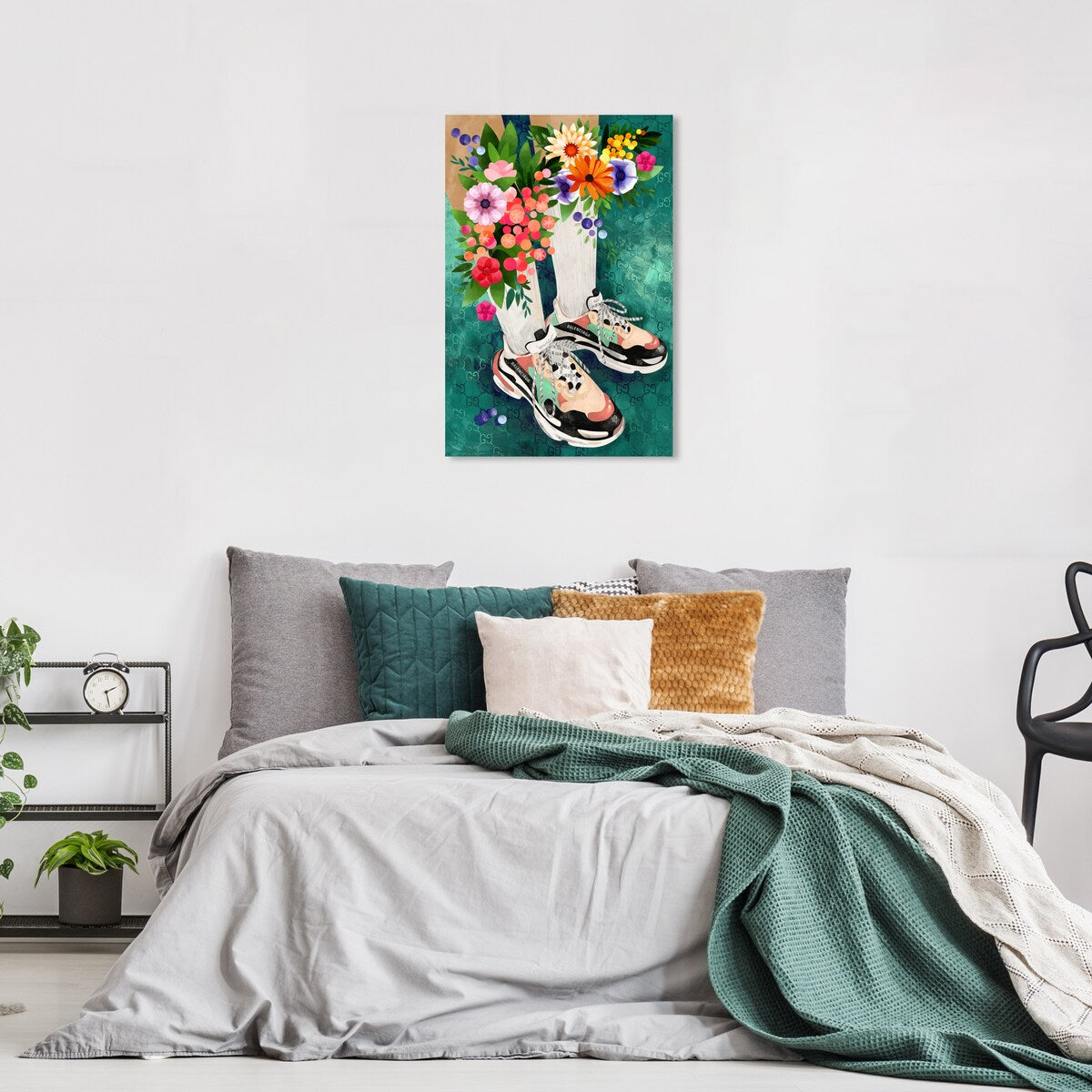 Blooming Floral Sneakers & Socks Set - Modern Green Canvas Wall Art Print for Bedroom Decor | Trendy Outfit & Home Aesthetic