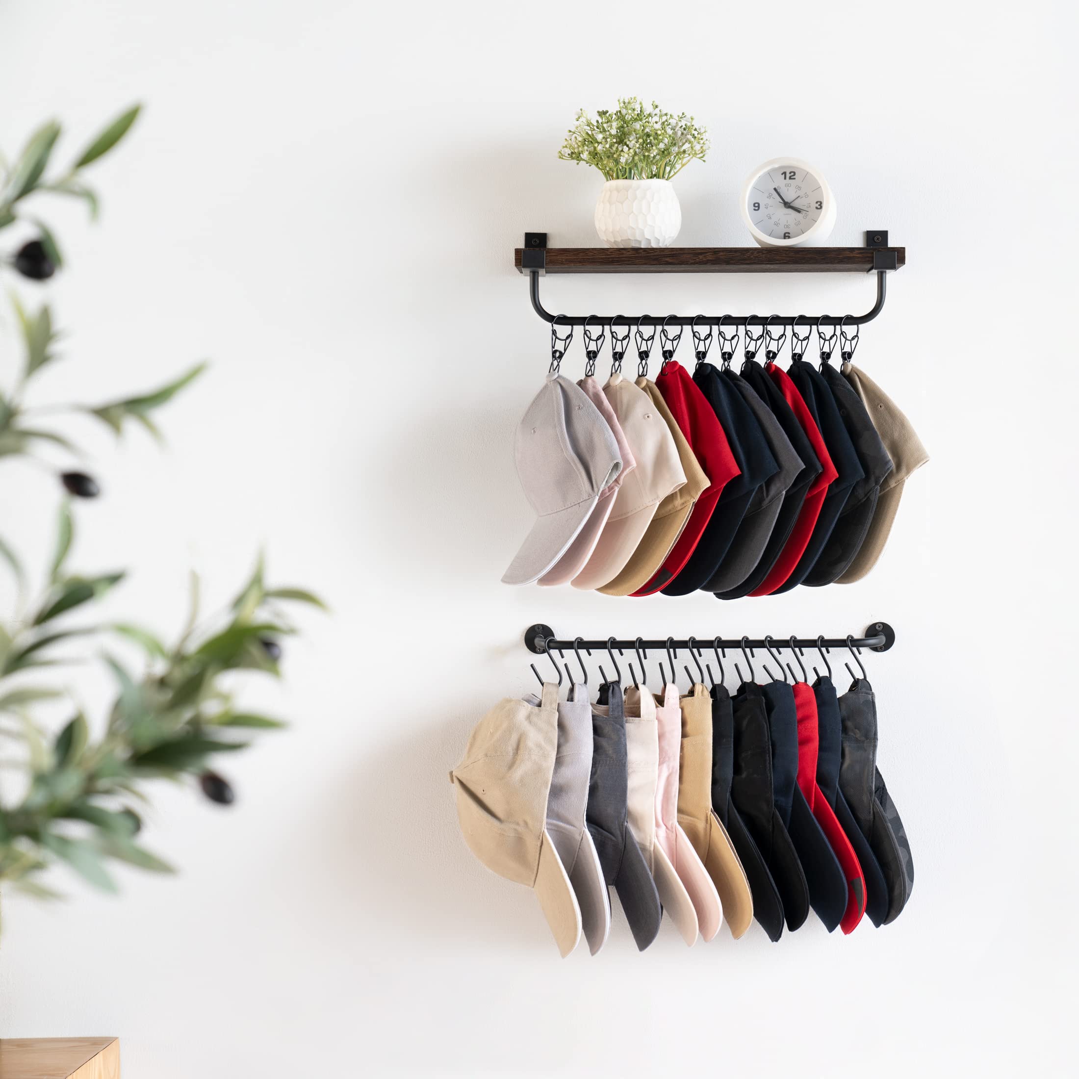 Wall Mounted Wooden Hat Rack with Shelf - 12 Hooks & 12 Clips for Baseball Caps, Cowboy Hats & Accessories Storage - Space Saving Organizer for Closet, Bedroom or Entryway - Durable Metal Hanger for Stylish Hat Display