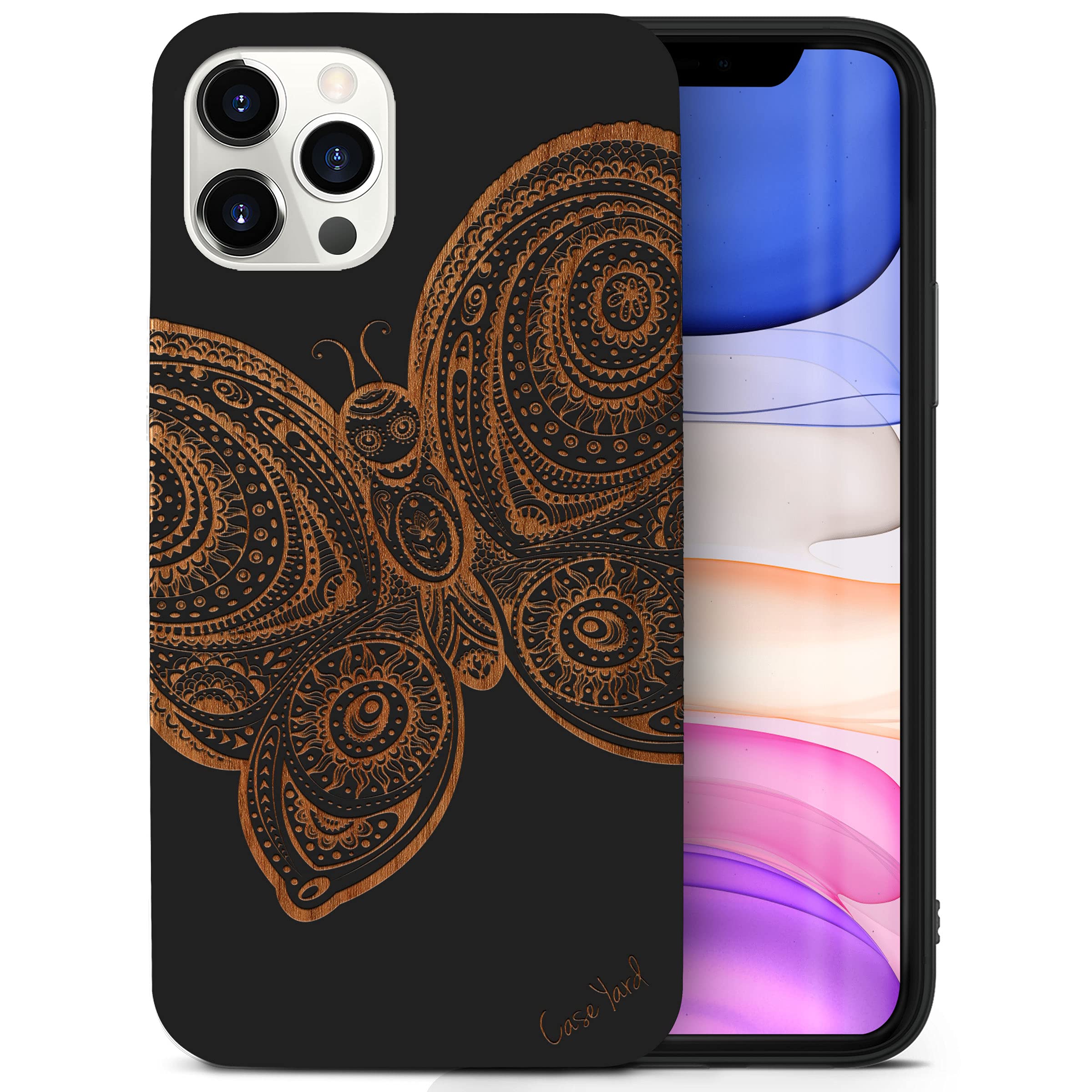 CaseYard Wooden Phone Case for iPhone 12 Pro Max - Laser Engraved Butterfly Design, Black Wood Protective Cover | Shockproof & Slim Fit Case for Men & Women | Perfect for Outdoor Adventures, Travel & Daily Use