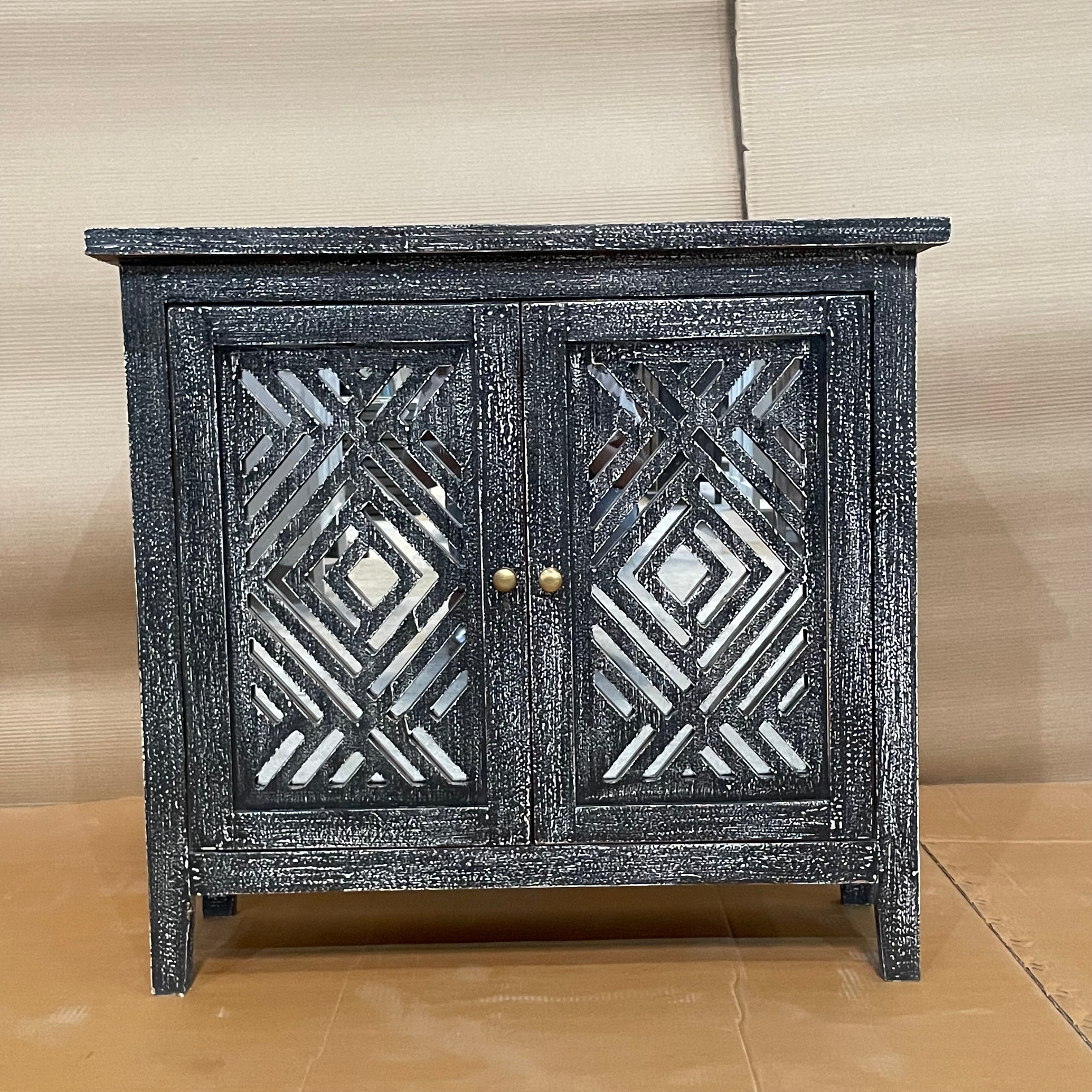 Handcrafted Indian Solid Hardwood Cabinet with 2 Mirror Doors - Black, 81x31x75cm - Elegant Storage for Bedroom, Living Room & Entryway