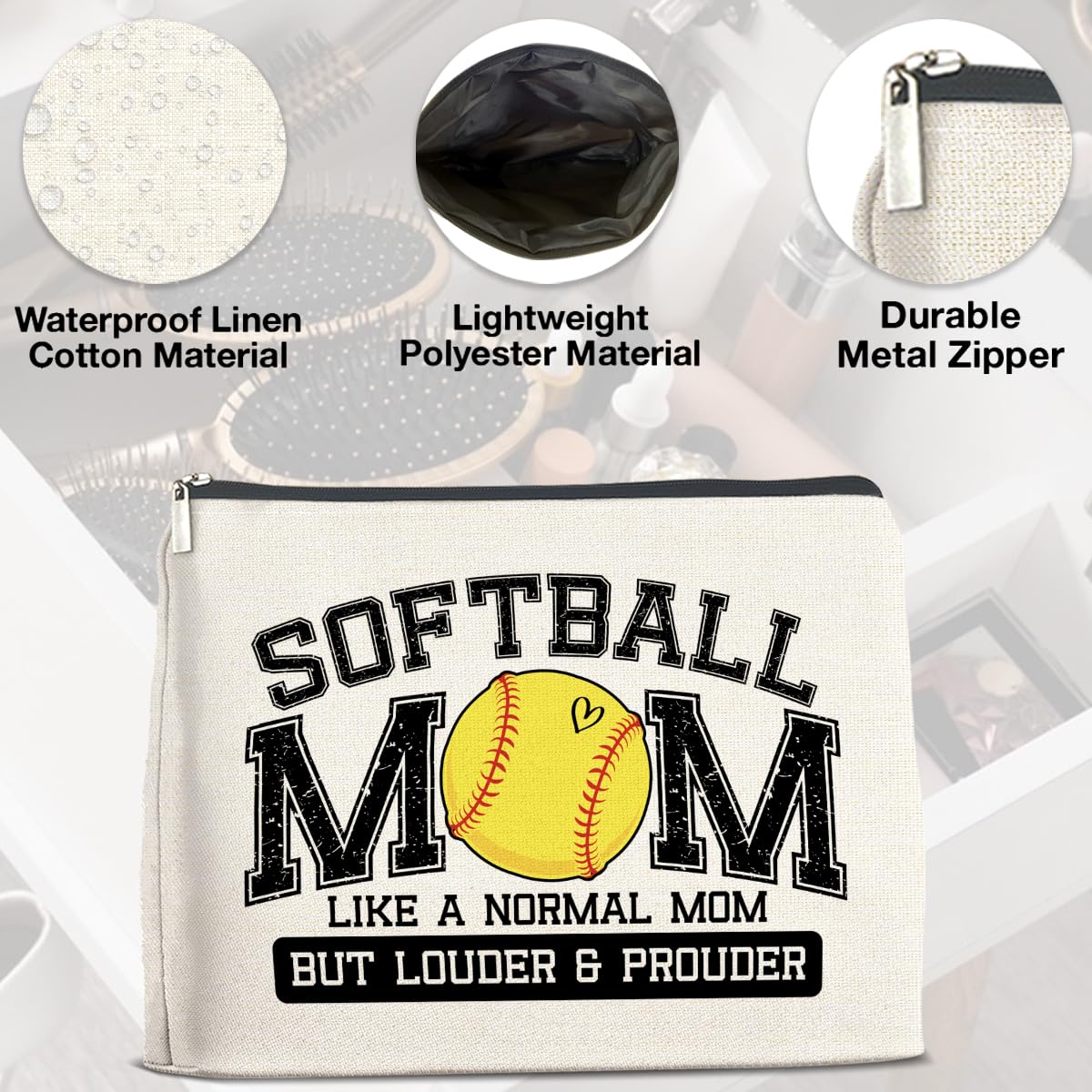Funny Softball Mom Makeup Bag - Cute Cosmetic Pouch with Zipper for Women, Perfect Team Mom Gift for Softball Players & Fans | Great for Travel, Sports Games & Daily Use