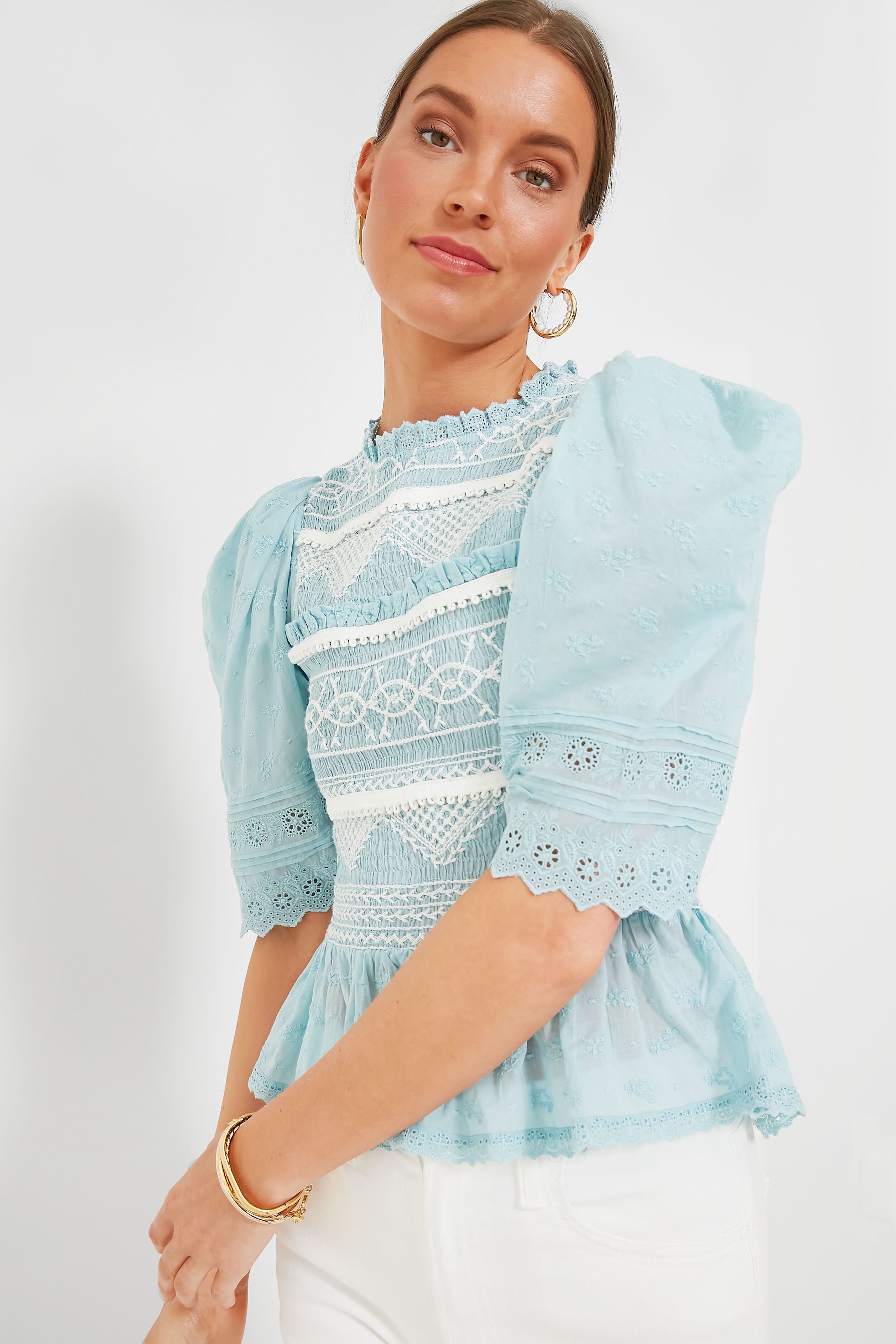 Blue Olga Hand Smocking Puff Sleeve Top for Women | Elegant Embroidered Blouse | Perfect for Casual Outings, Date Nights & Summer Fashion