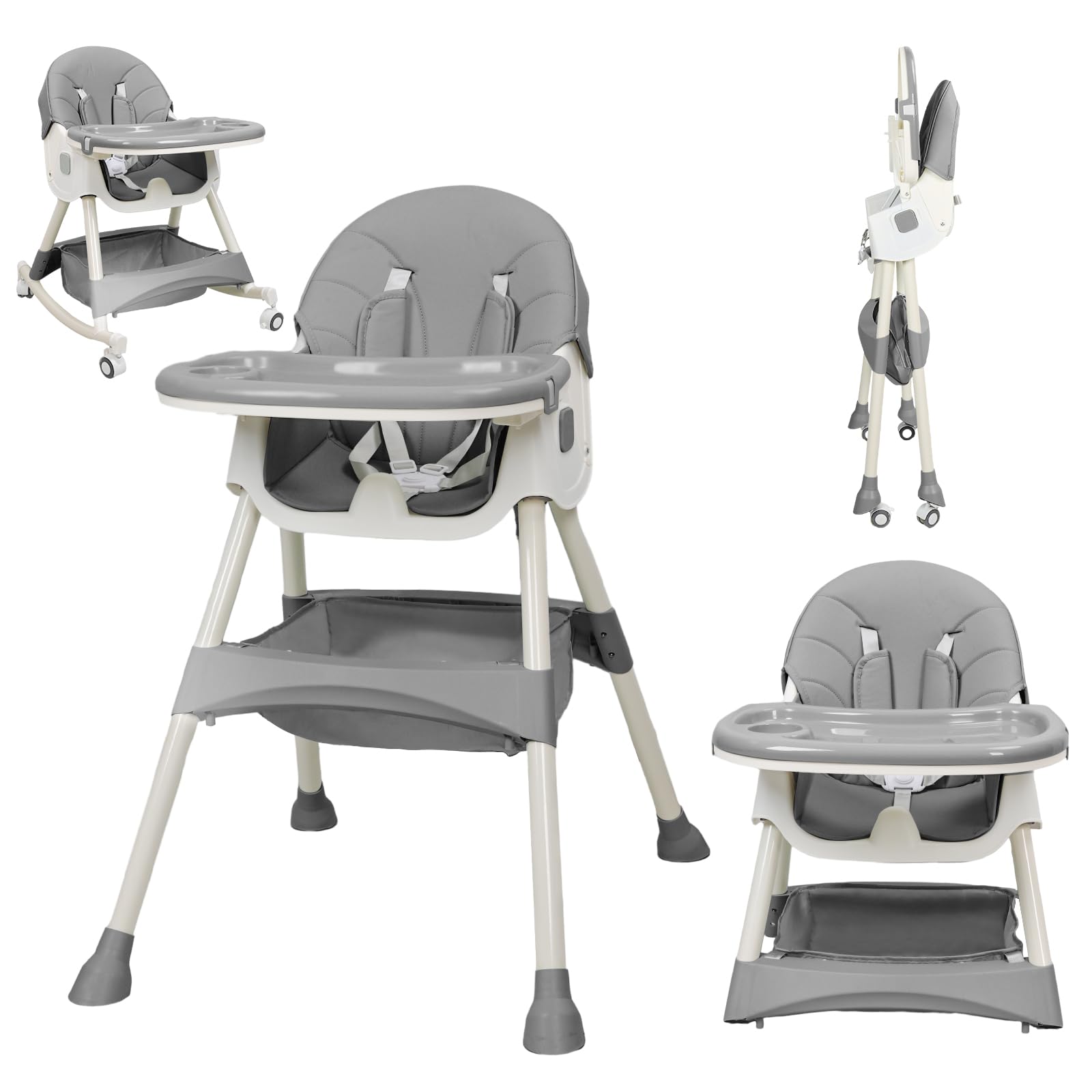 4-in-1 Convertible Baby High Chair with Adjustable Height & Reclining Backrest - Removable Tray & Foldable Design for Infants & Toddlers - Perfect for Dining, Feeding & Playtime at Home or Travel