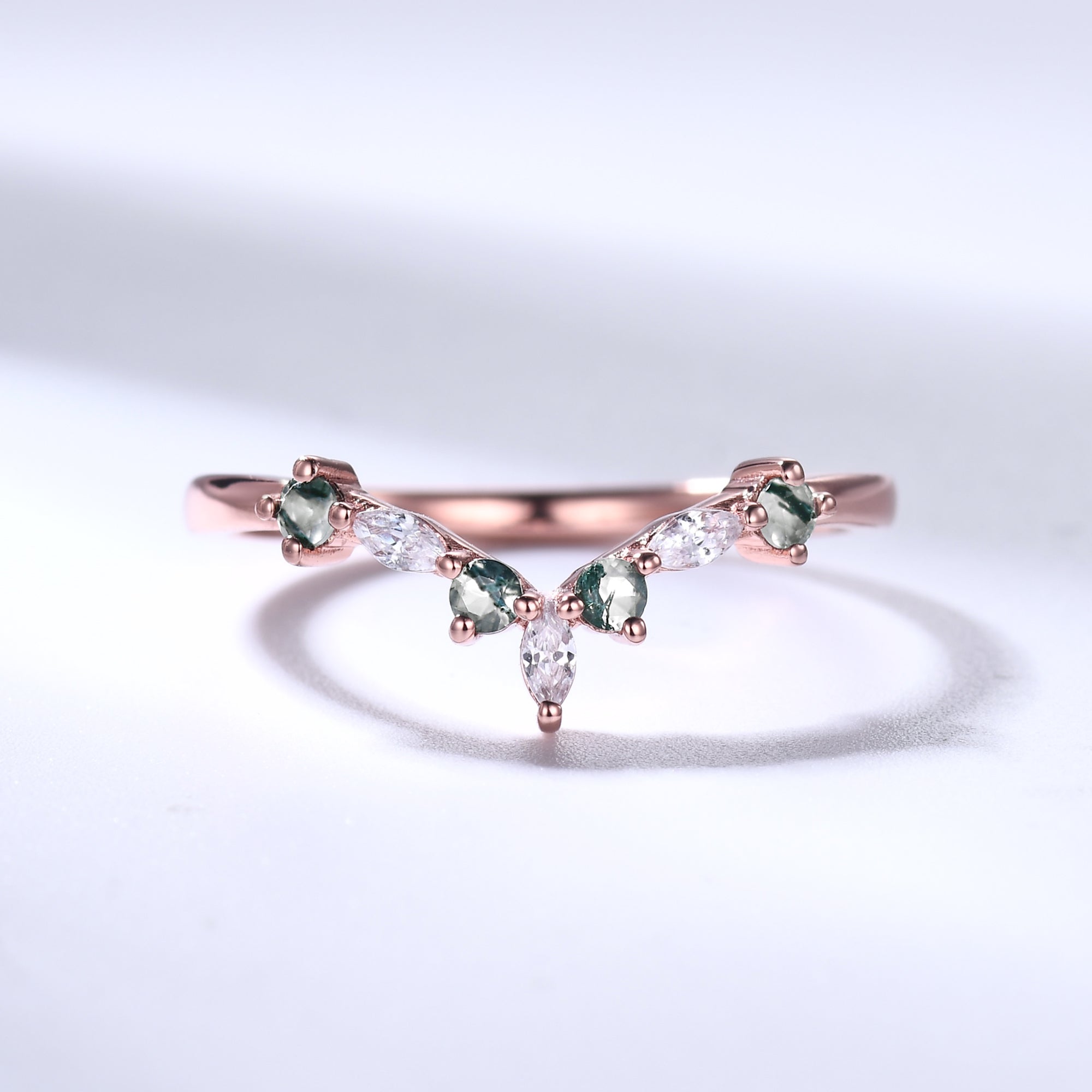 Green Moss Agate & Moissanite Rose Gold Wedding Band Set - Curved Matching Rings for Couples, Engagement, Anniversary & Promise Ceremonies